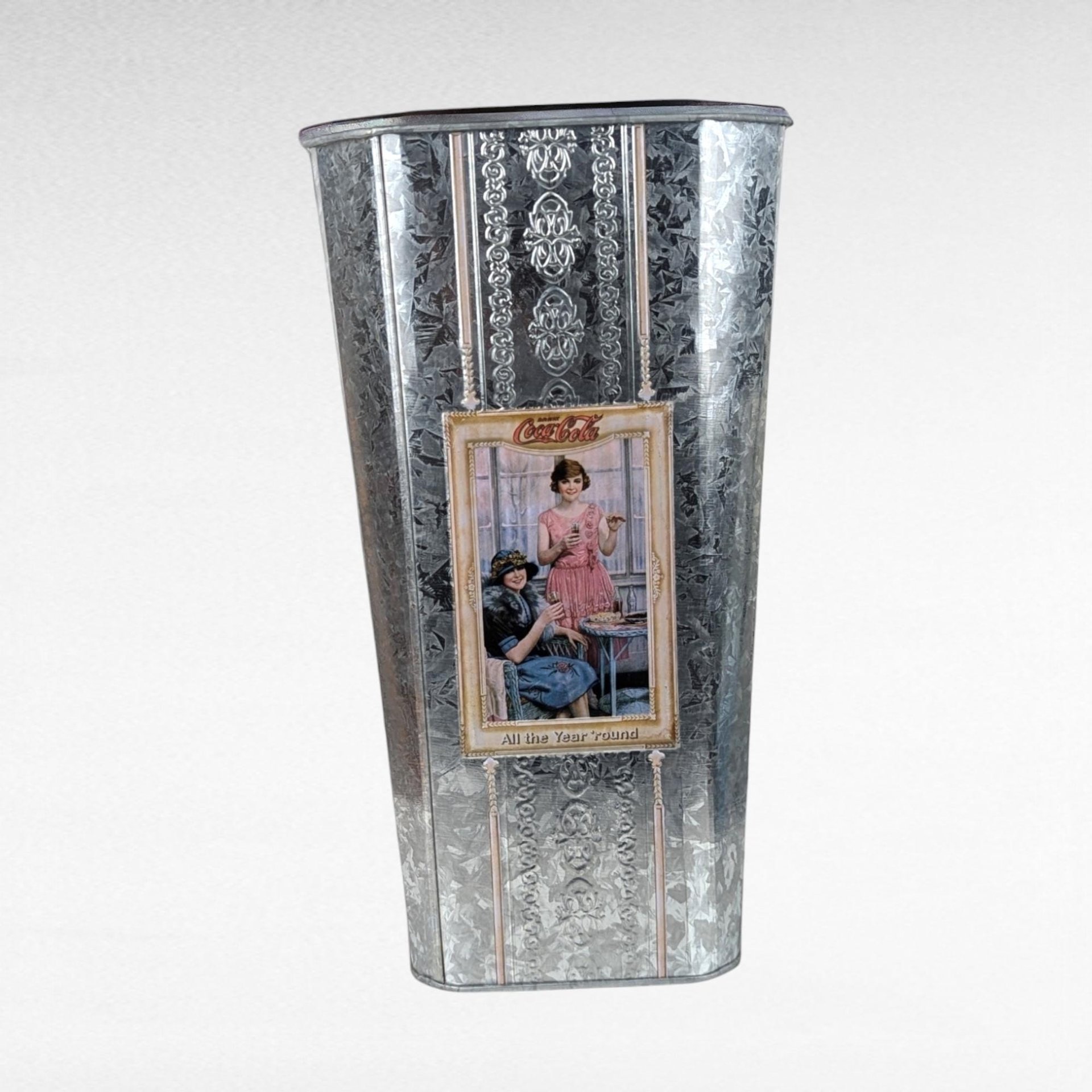 2003 Coca-Cola Metal Vase - Vintage Coca-Cola Decor - Embossed Tin Vase - "All the Year Round" -  Collectible Coke Decor