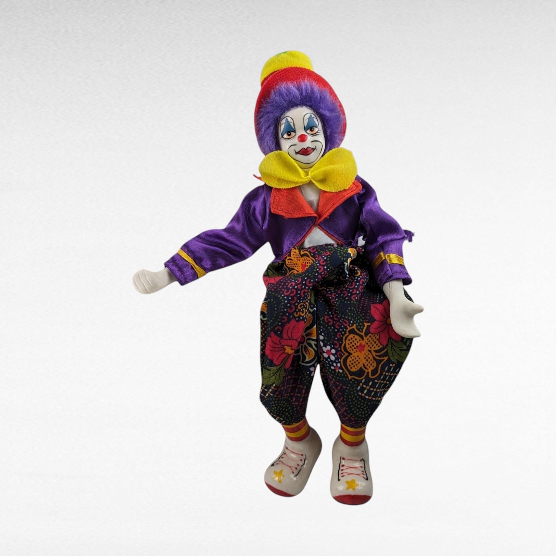 Vintage Ganz Circus Clown Shelf Sitter Doll Pair - Ceramic Hands, Feet, Head - Collectible