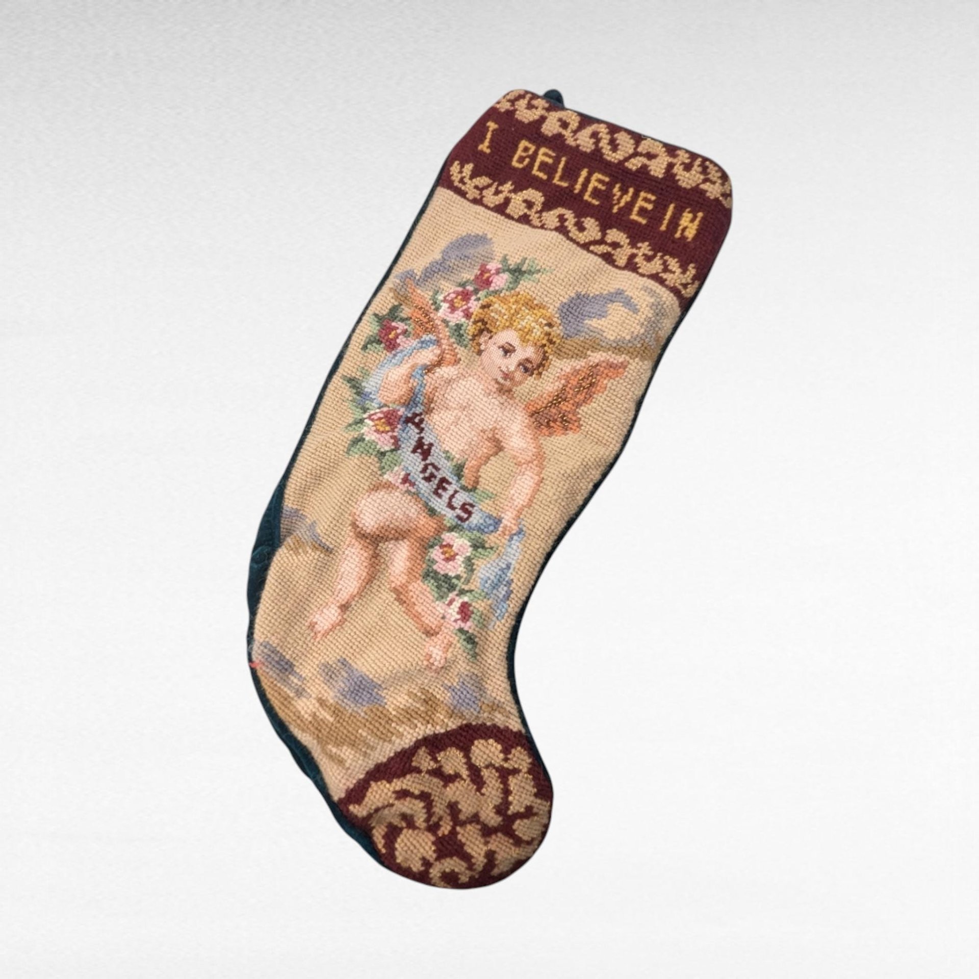 Vintage Needlepoint Christmas Stocking, "I Believe in Angels" Cherub Design, 18.5" Handmade Stocking