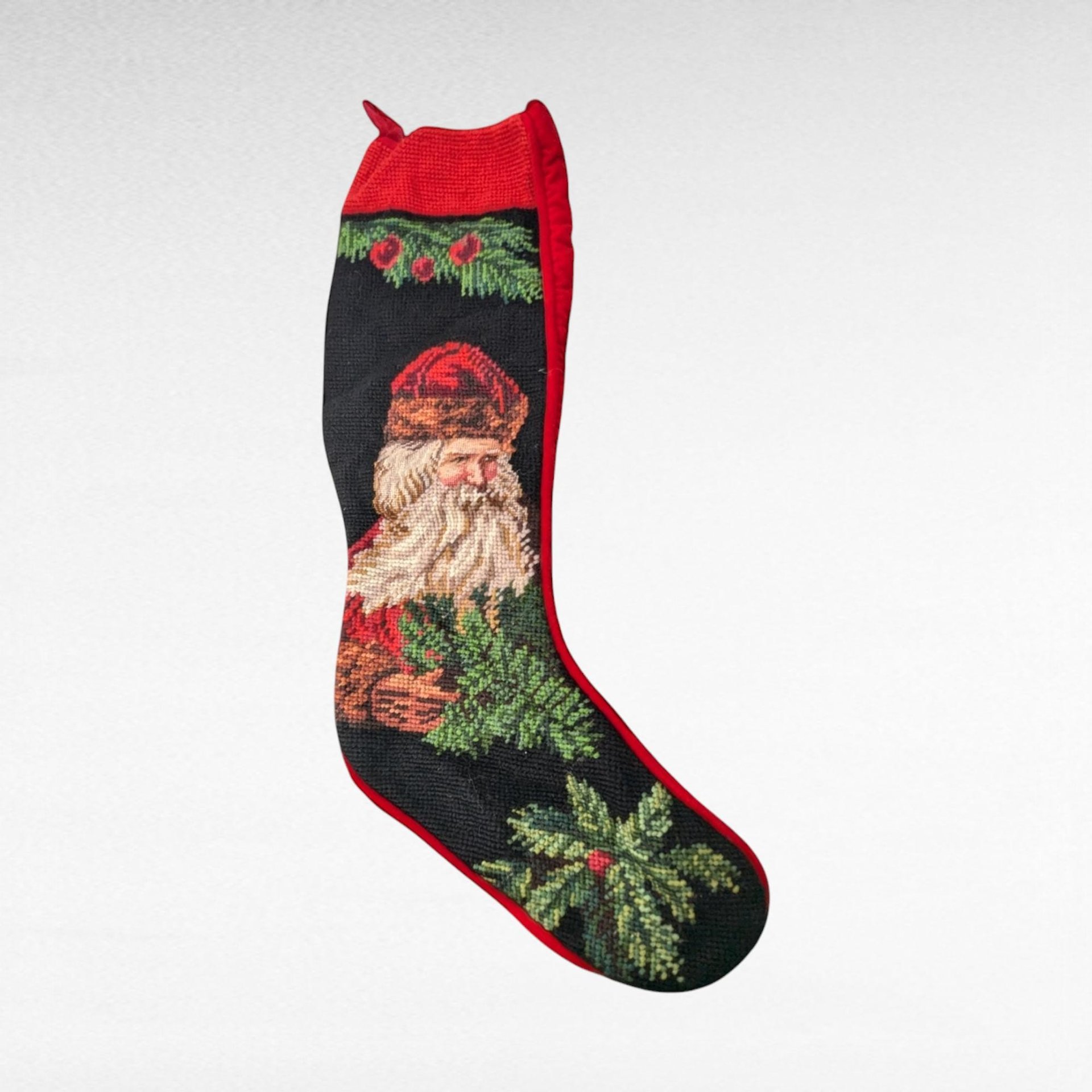 Vintage Needlepoint Christmas Stocking, Old World Santa Design, 20" Handmade Stocking, Holiday Decor