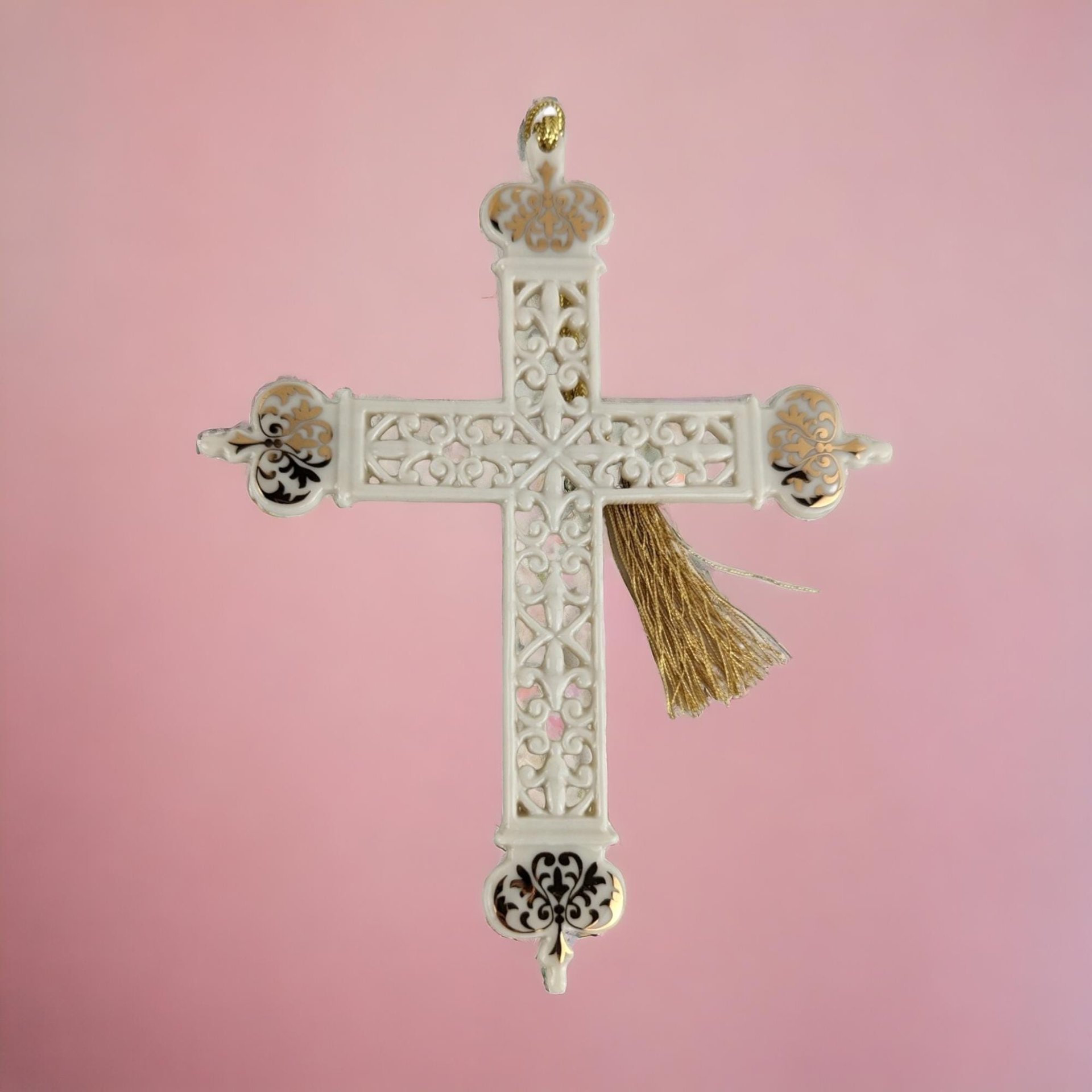 2002 Lenox Gold Trimmed Cross Pierced Ornament | Porcelain Christmas Ornament | Religious Christmas Decor | Collectible Lenox
