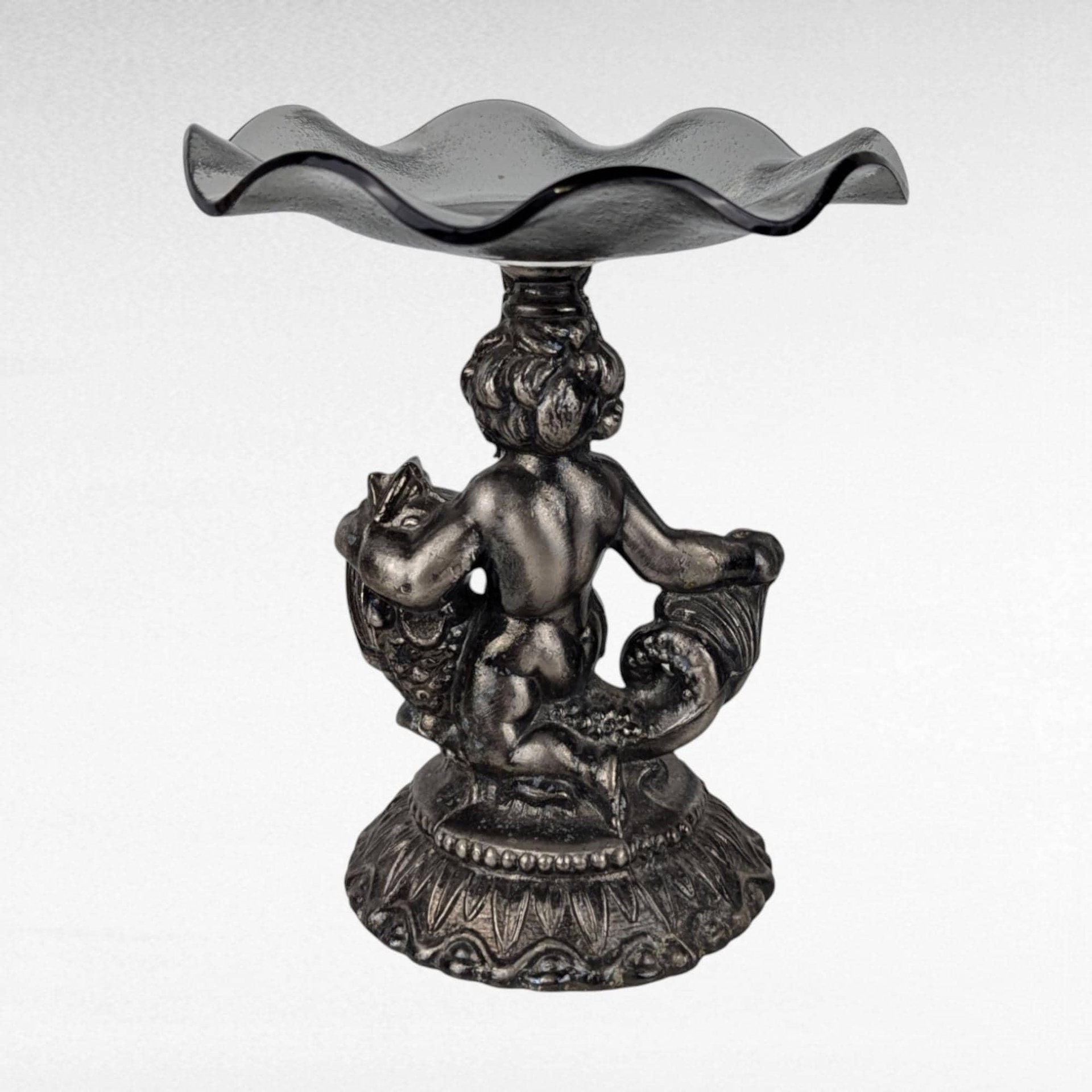 Vintage Cast Pewter Pedestal Dish, Cherub and Koi Fish, Glass Candy Dish, Trinket Dish, Unique Home Decor