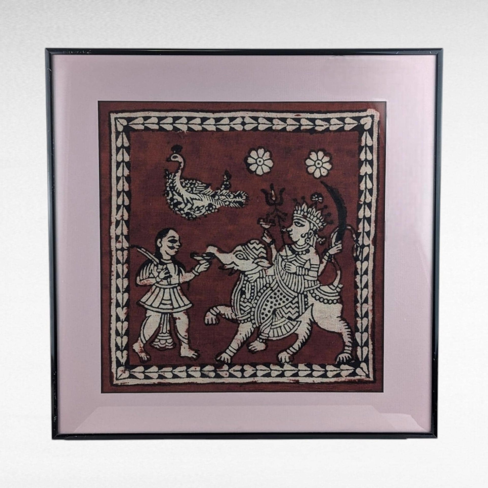 Vintage Framed Painting | Indian Folk Art | Hindu Deities | Textile Art | Wall Decor | Elephant & Peacock | 15.5"