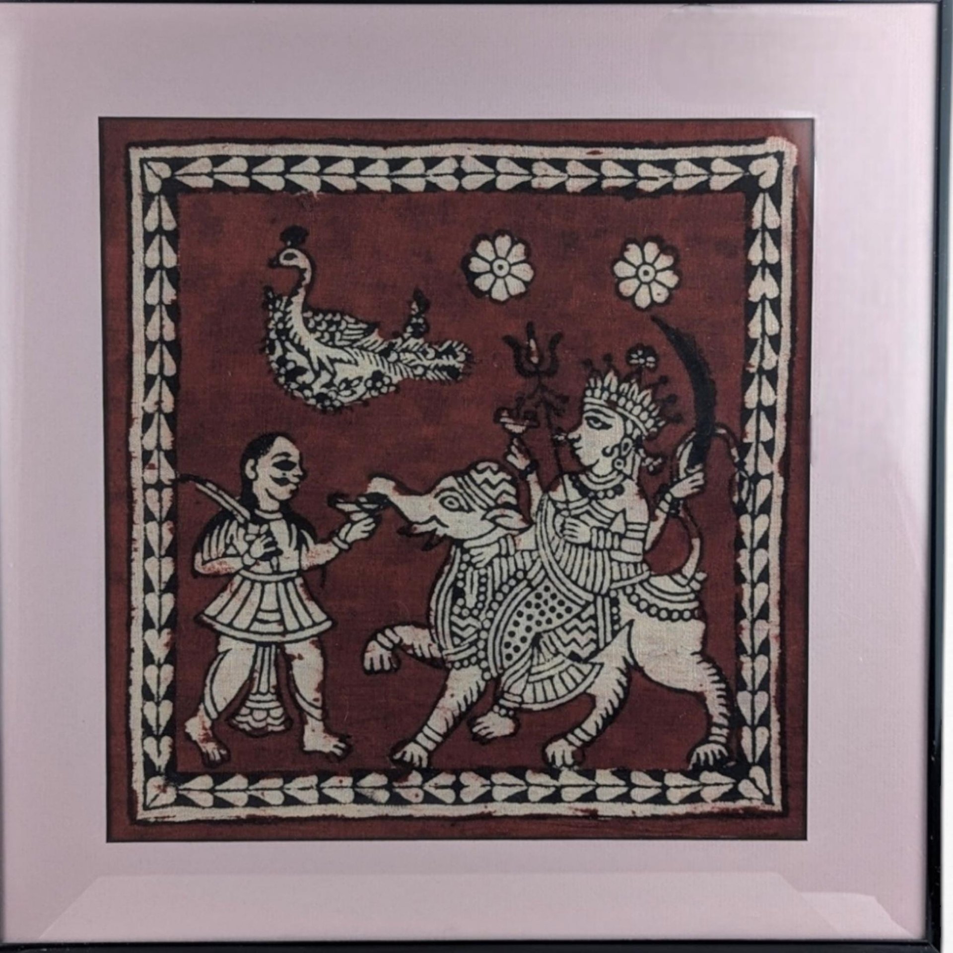 Vintage Framed Painting | Indian Folk Art | Hindu Deities | Textile Art | Wall Decor | Elephant & Peacock | 15.5"