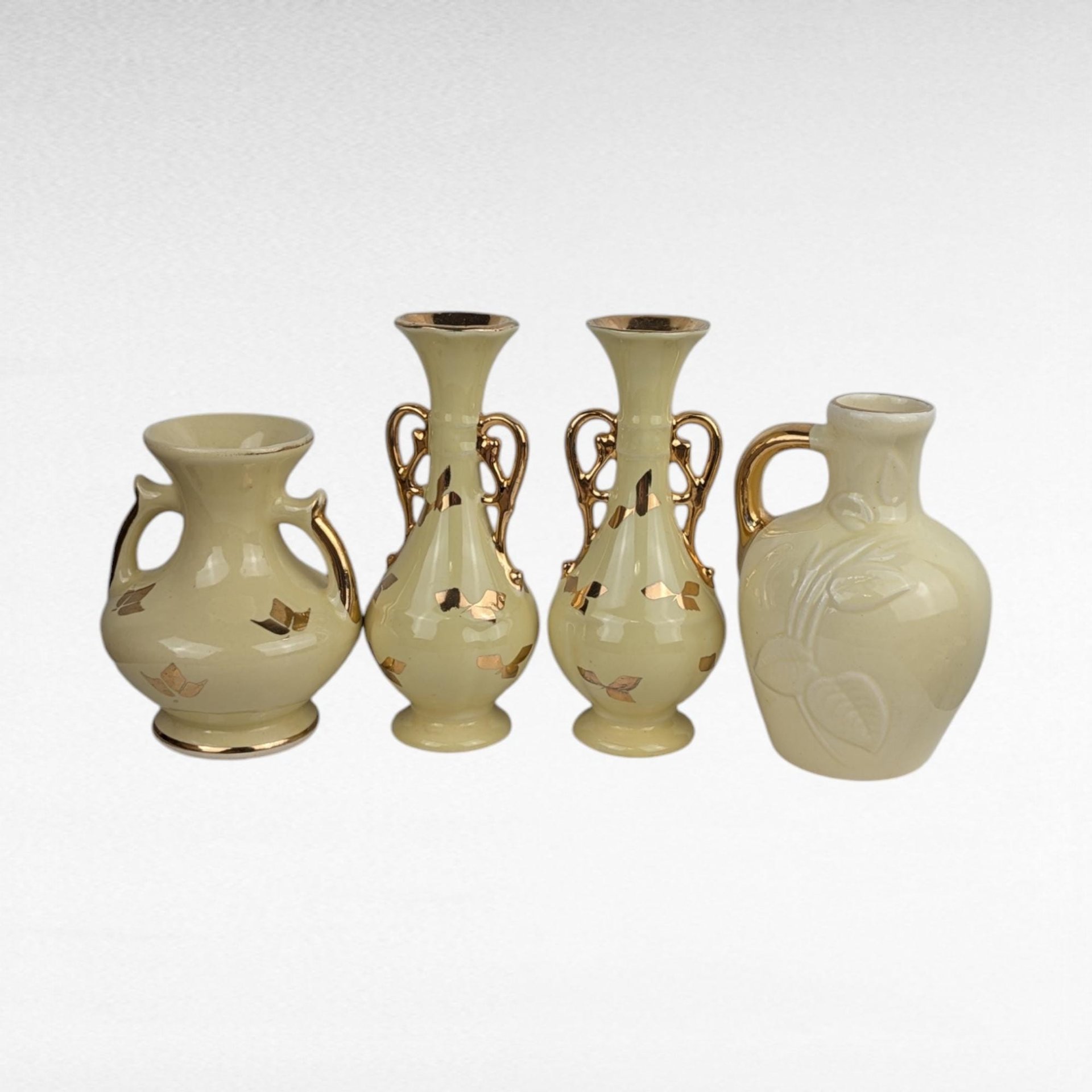 Vintage Yellow Ceramic Bud Vases - Art Deco Trio & MCM Pitcher Vase - Gold Accents