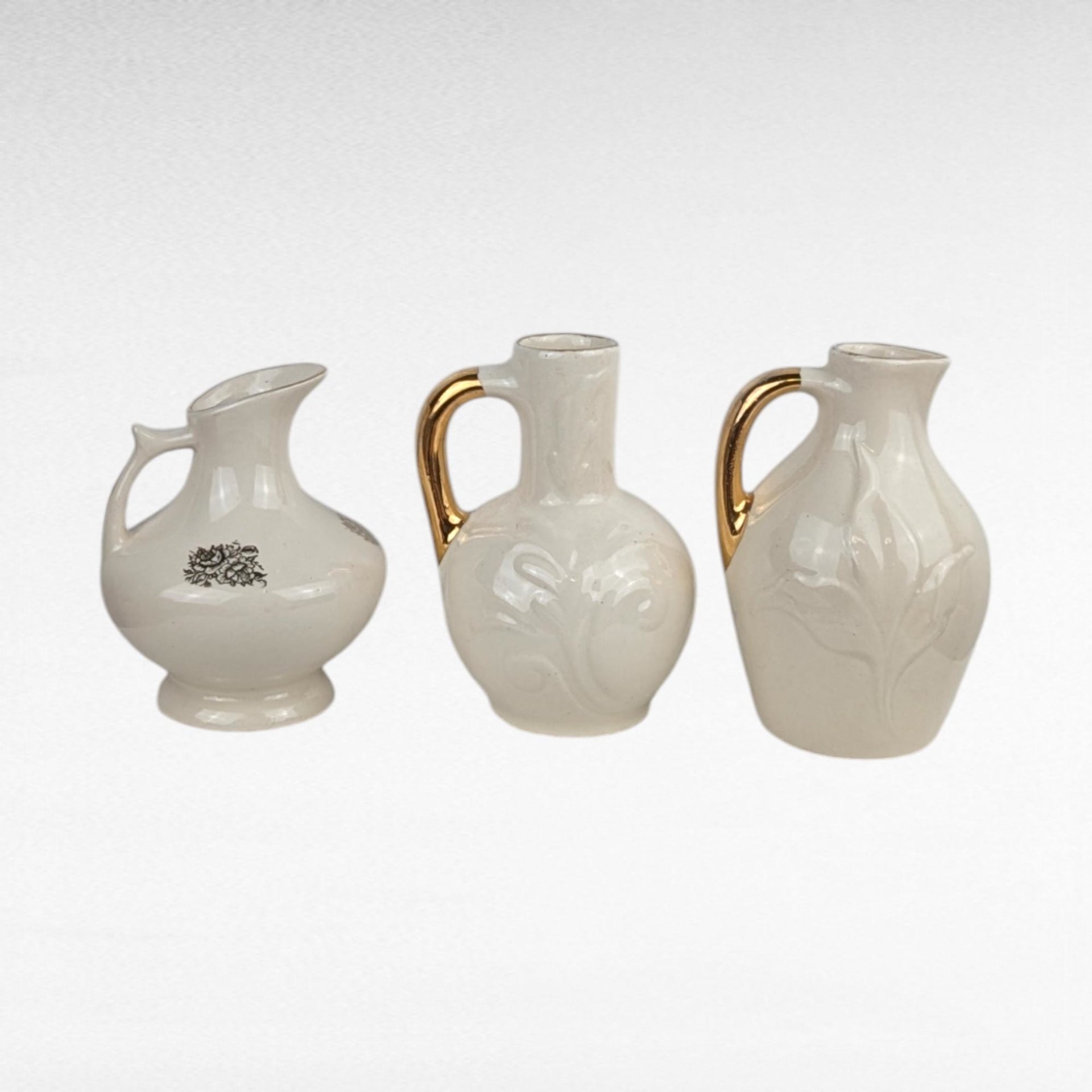 Vintage Cream Ceramic Bud Vase Trio - MCM Pitcher Vases with Gold Trim & Flowers