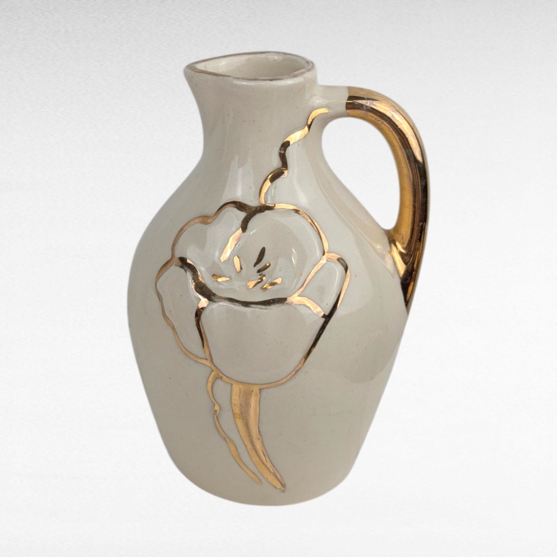 Vintage Cream Ceramic Bud Vase Trio - MCM Pitcher Vases with Gold Trim & Flowers