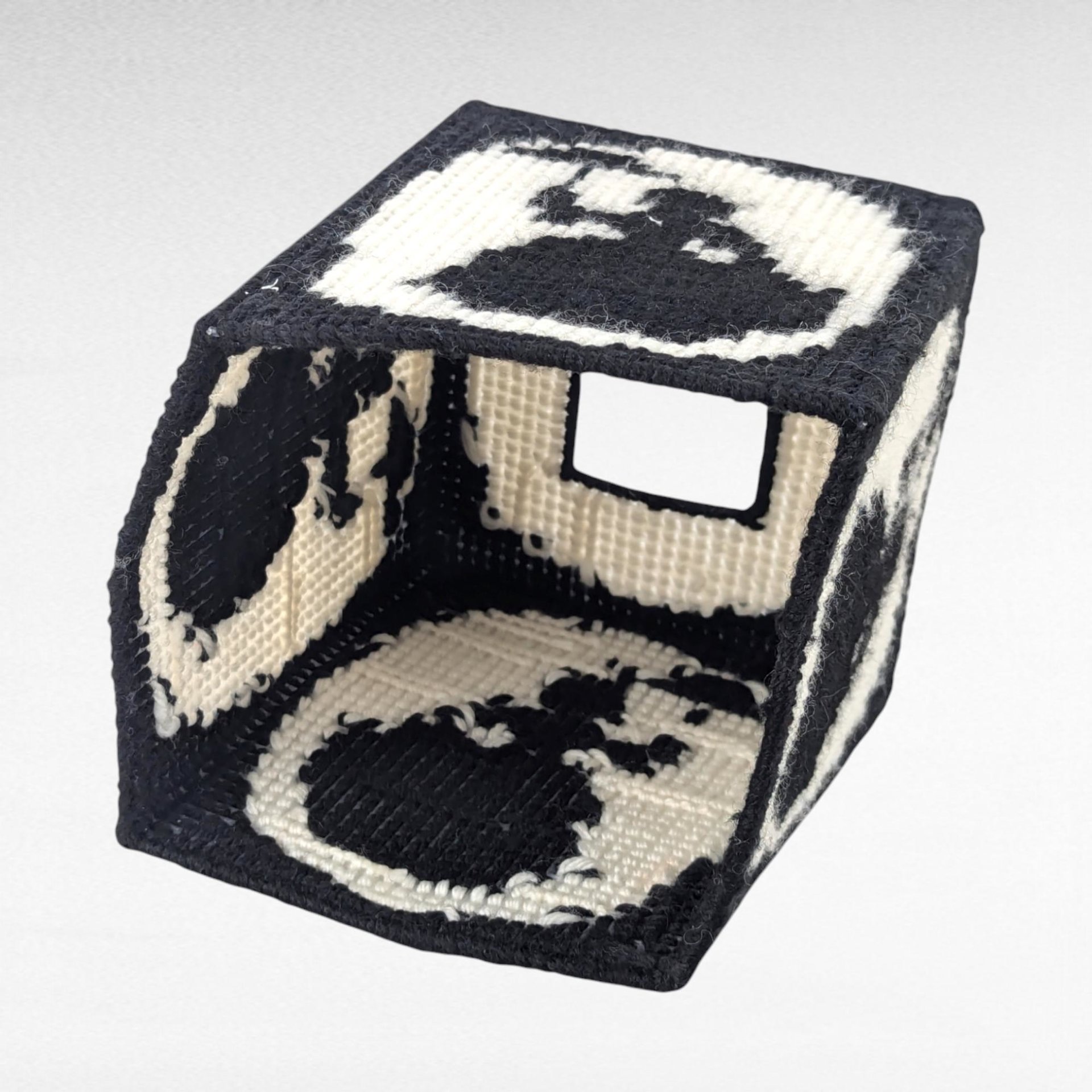 Vintage Handmade Tissue Box Cover, Black & White Needlepoint Lady with Umbrella, Cube Box Cover, Unique Home Decor, Gift for Her