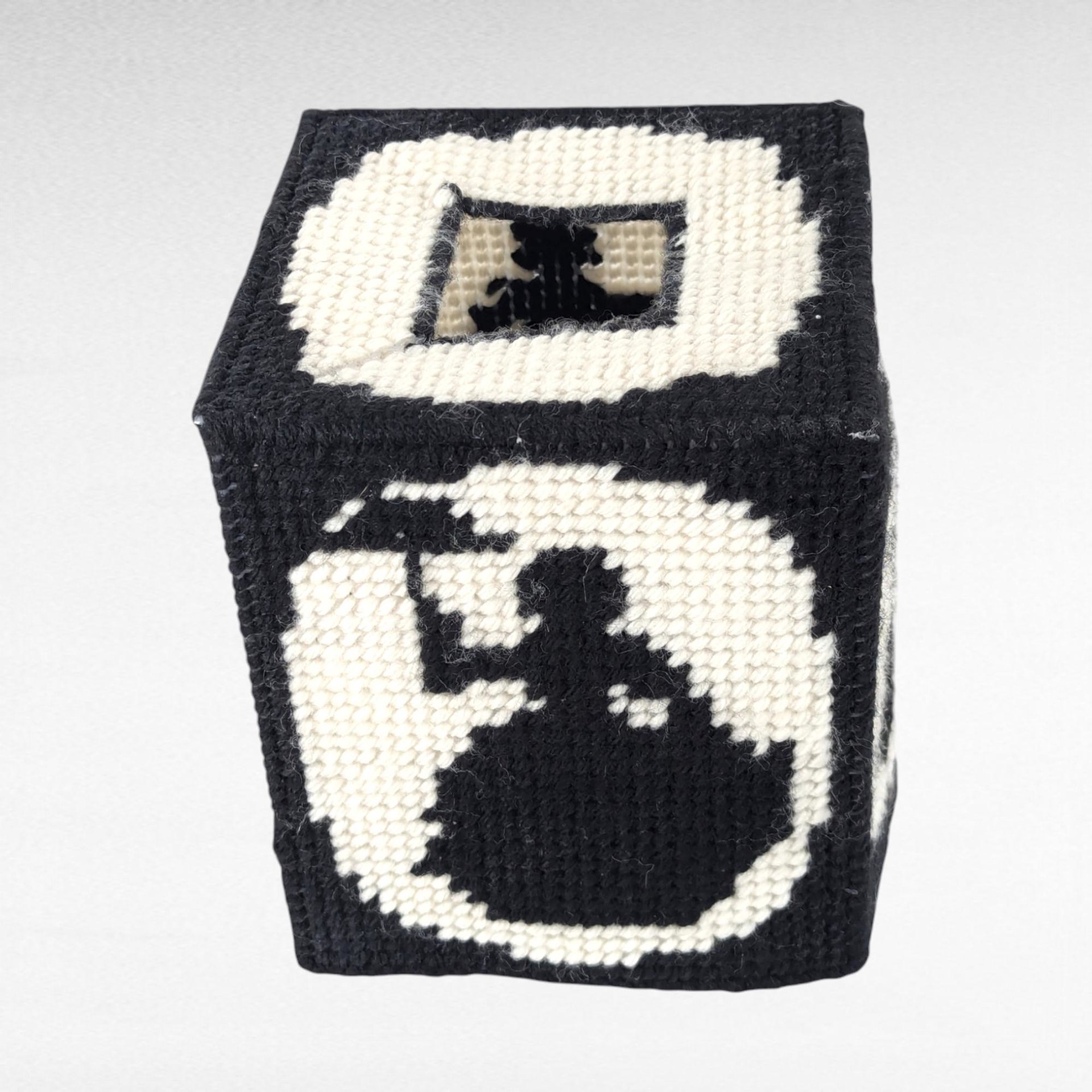 Vintage Handmade Tissue Box Cover, Black & White Needlepoint Lady with Umbrella, Cube Box Cover, Unique Home Decor, Gift for Her