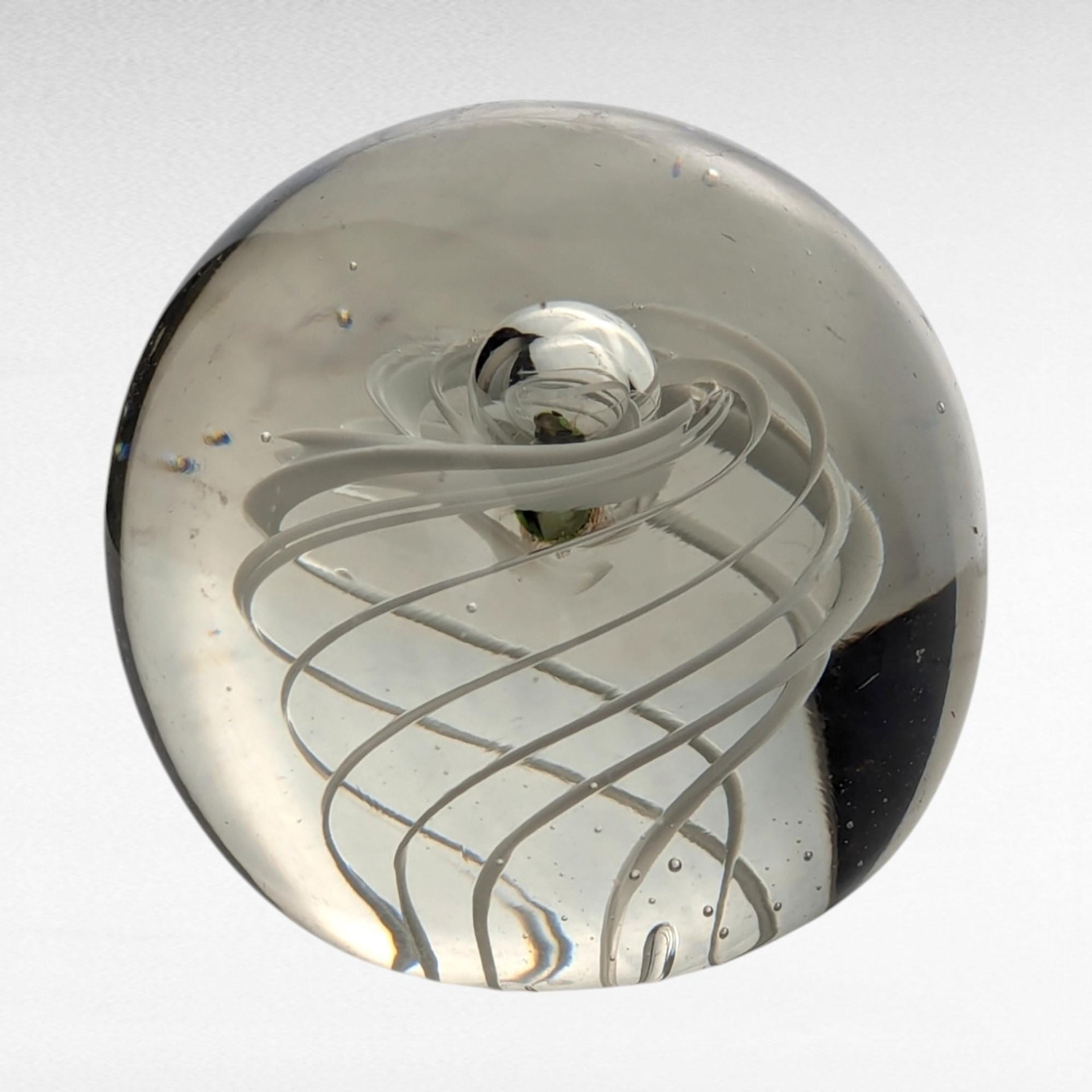 Vintage Glass Swirl Paperweight, Clear Glass Paperweight with White Swirl Design, Desk Accessory