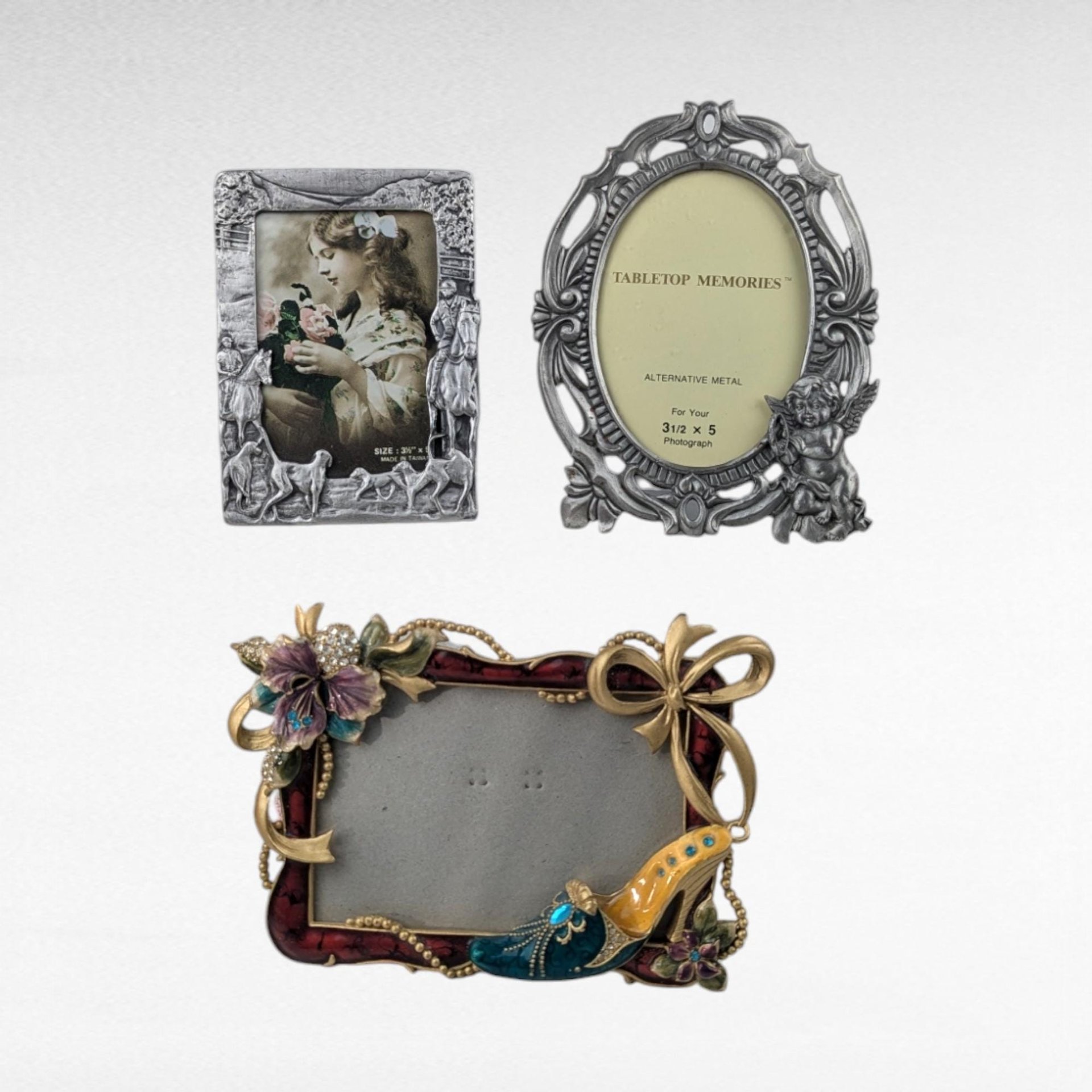Vintage Photo Frames, Set of 3, Metal Picture Frames, Cherub Frame, High Heel Shoe Frame, Horseback Frame, Eclectic Decor, Home Decor