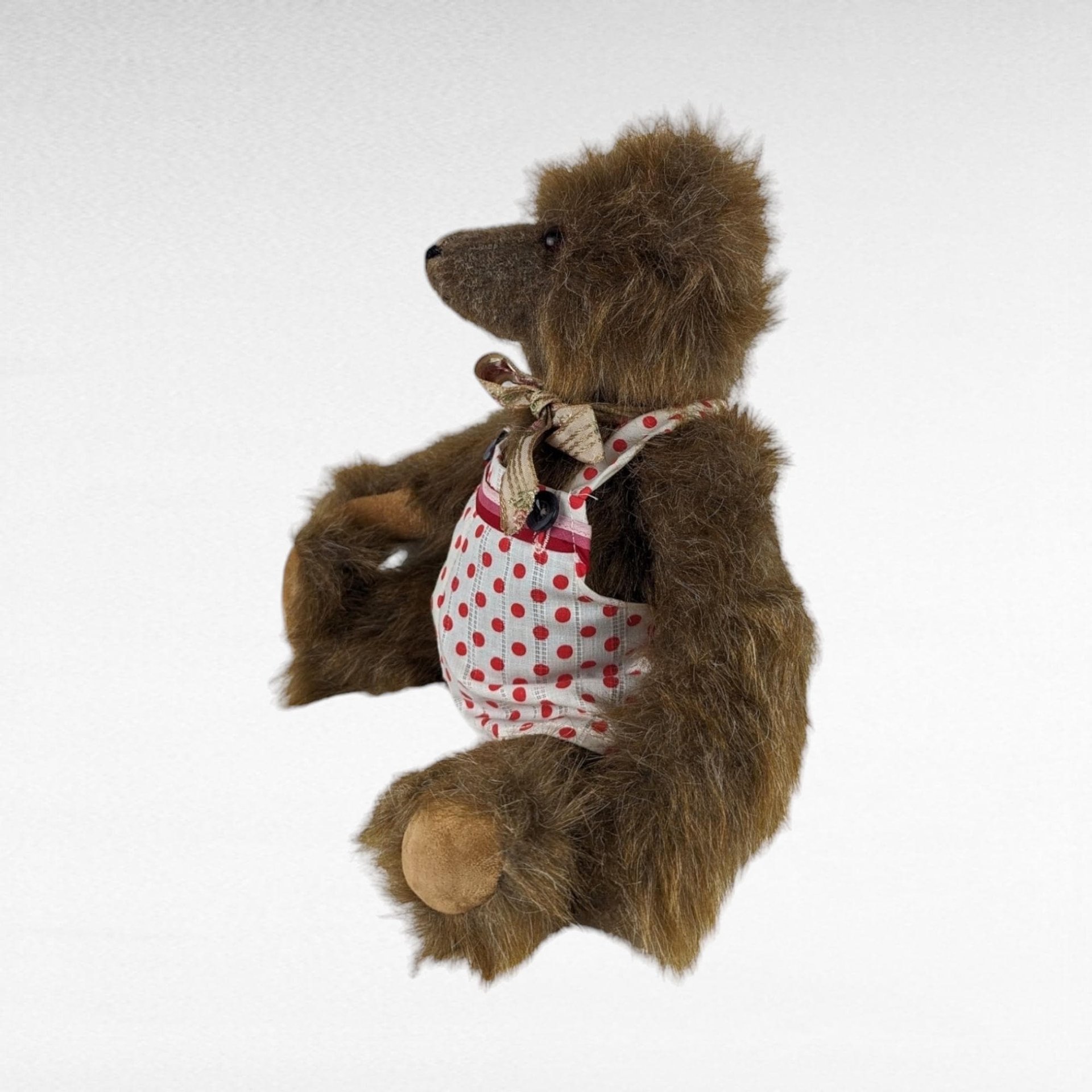 Vintage Brown Plush Teddy Bear, Polka Dot Outfit, Movable Limbs, 11" Tall, Collectible Teddy Bear, Children's Toy, Nursery Decor