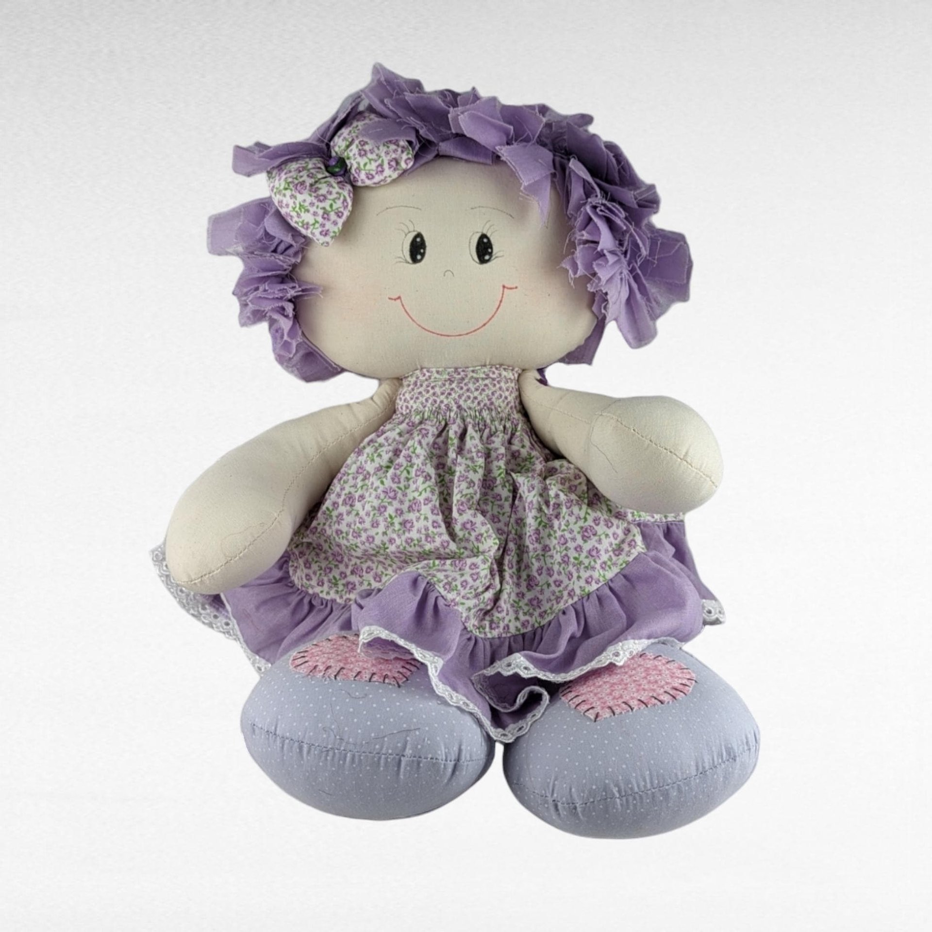 Vintage Handmade 19" Doll | Purple Floral Dress | Collectible Doll | Gift for Doll Lovers