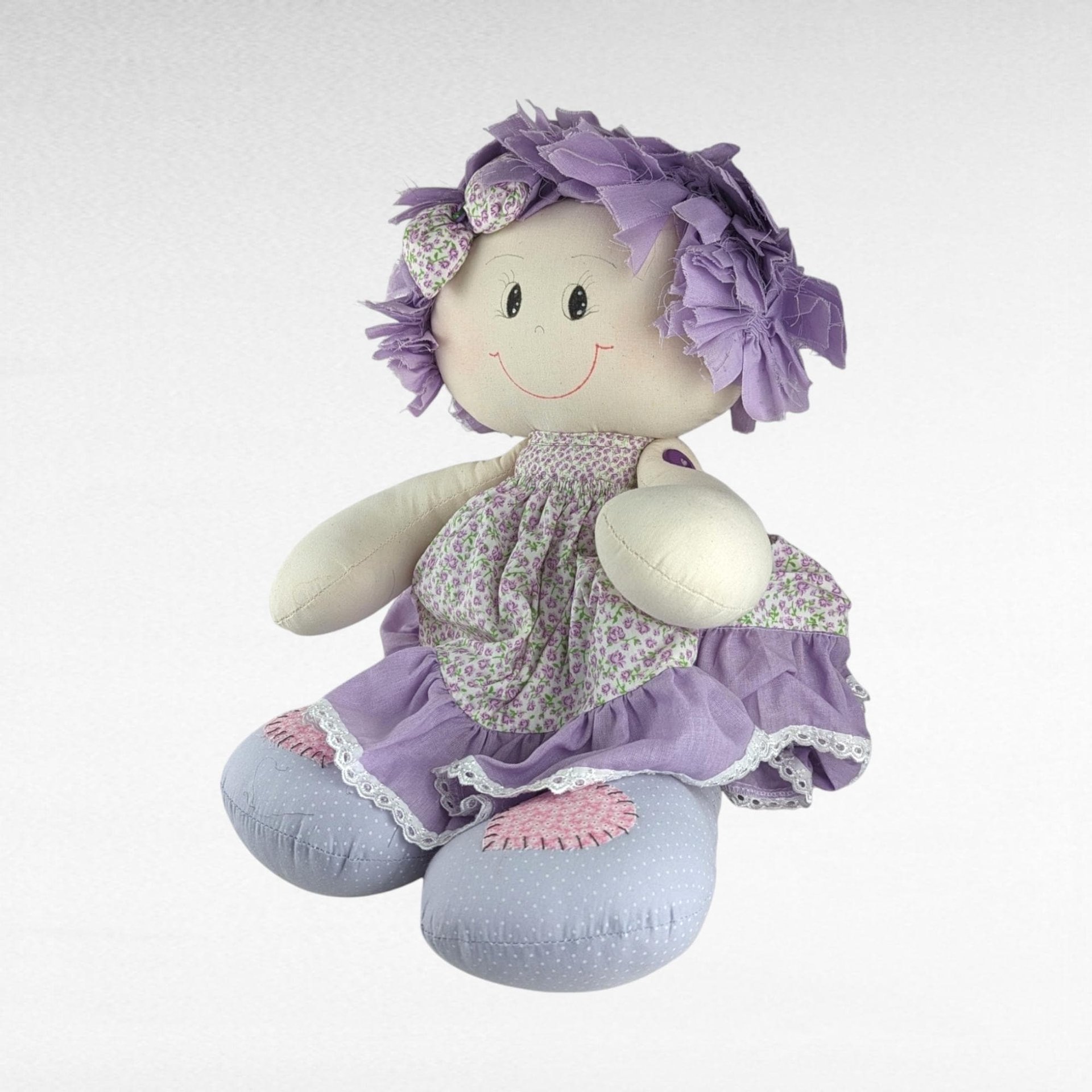 Vintage Handmade 19" Doll | Purple Floral Dress | Collectible Doll | Gift for Doll Lovers