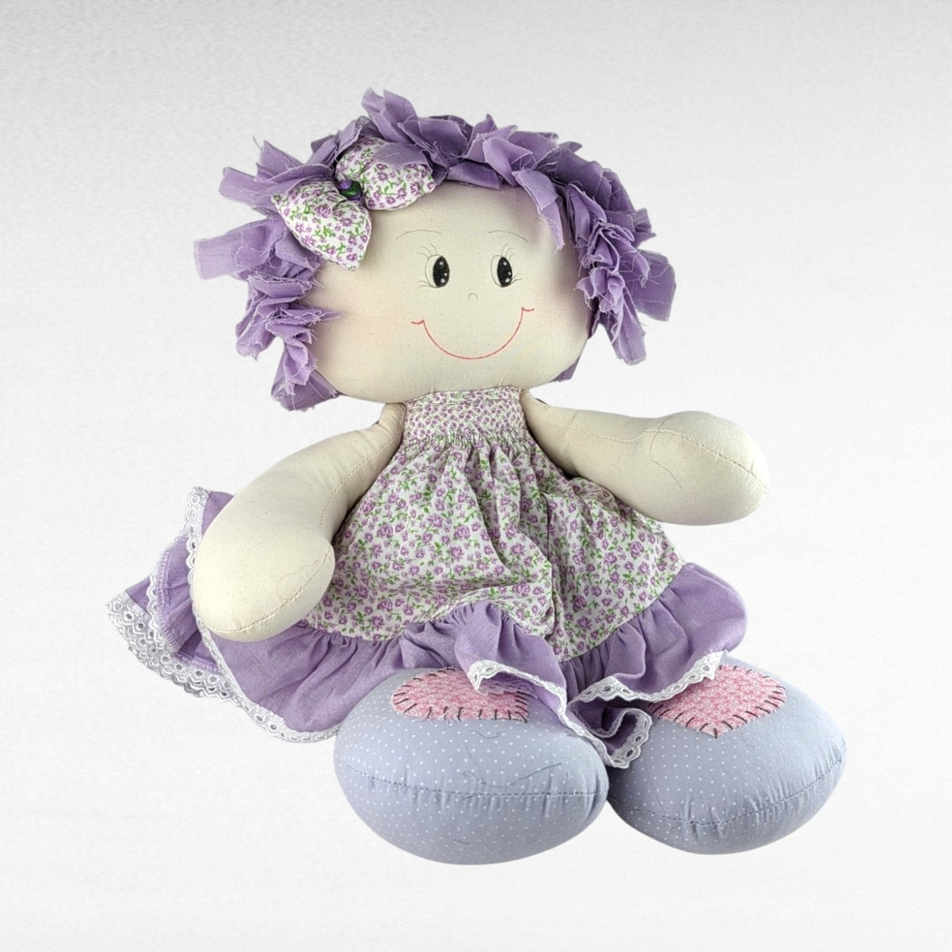 Vintage Handmade 19" Doll | Purple Floral Dress | Collectible Doll | Gift for Doll Lovers