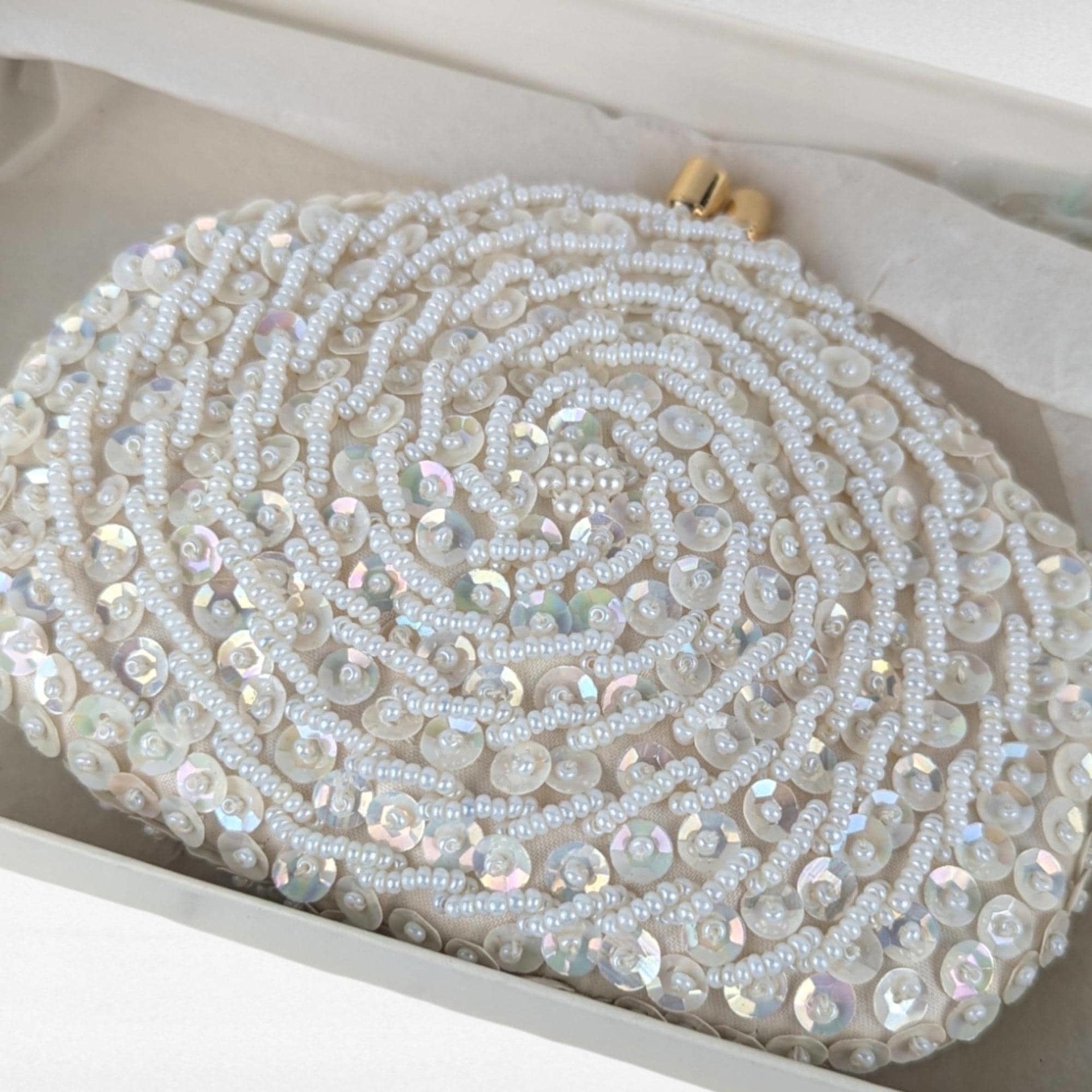 Vintage Princess Gardner Beaded Sequin Coin Purse, Ivory Evening Bag, Bridal Purse, Gift for Her, Original Box