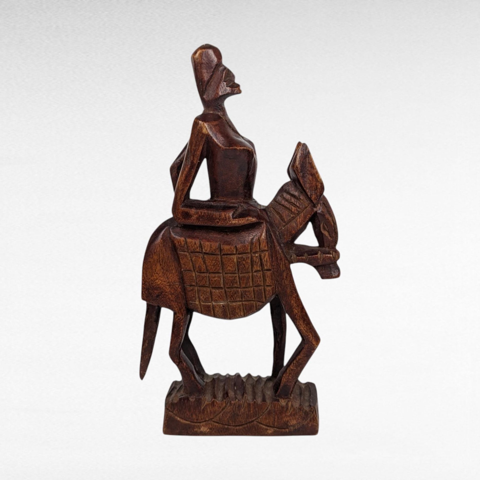 Vintage Hand Carved Wooden Figurines, Tribal Art Decor, African Woman on Horse, Man with Pole, Collectible Wood Carvings