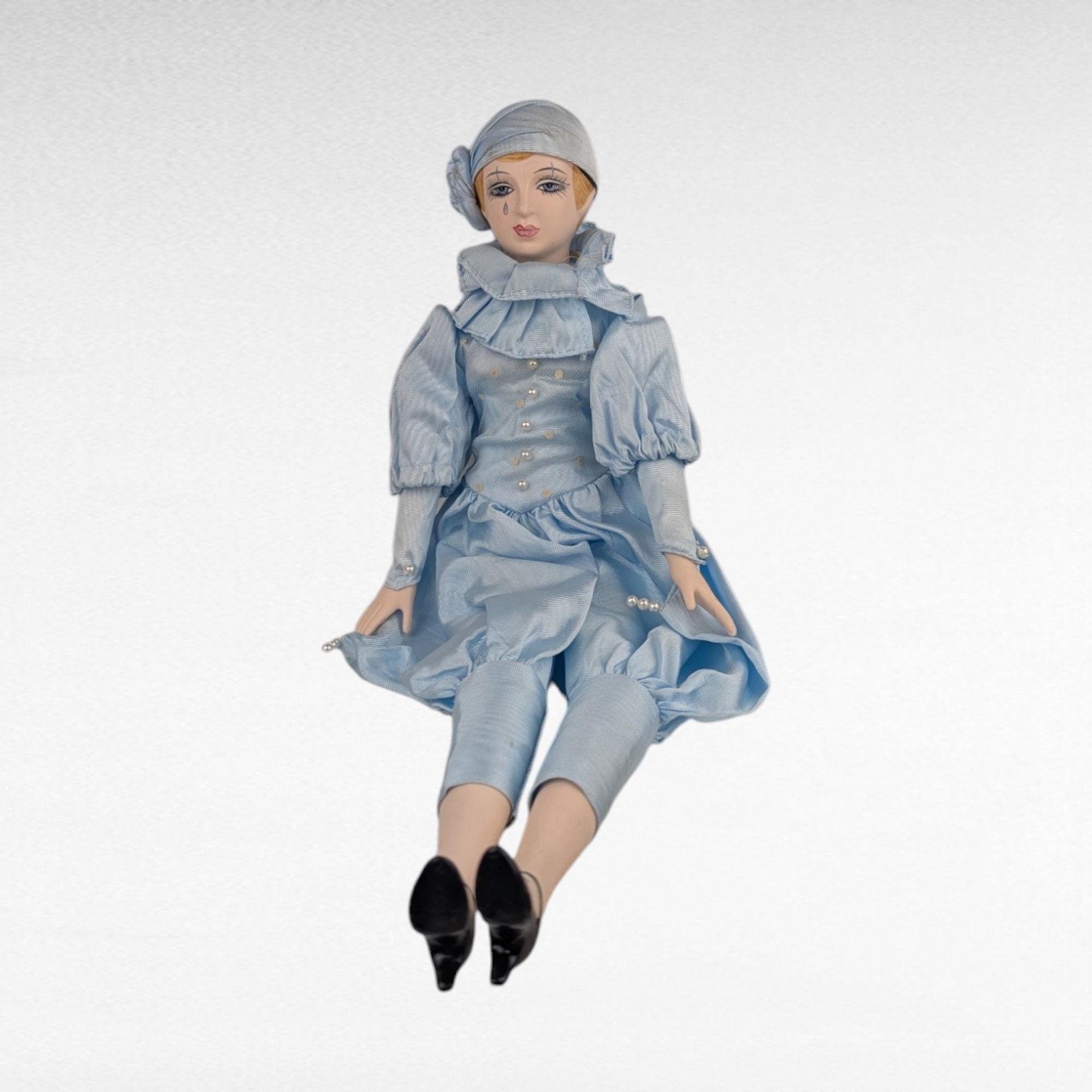 Vintage Pierrot Clown Doll, Blue Ceramic Doll, 19 1/4 Inches, Collectible Clown Doll, Gift For Collector, Vintage Home Decor