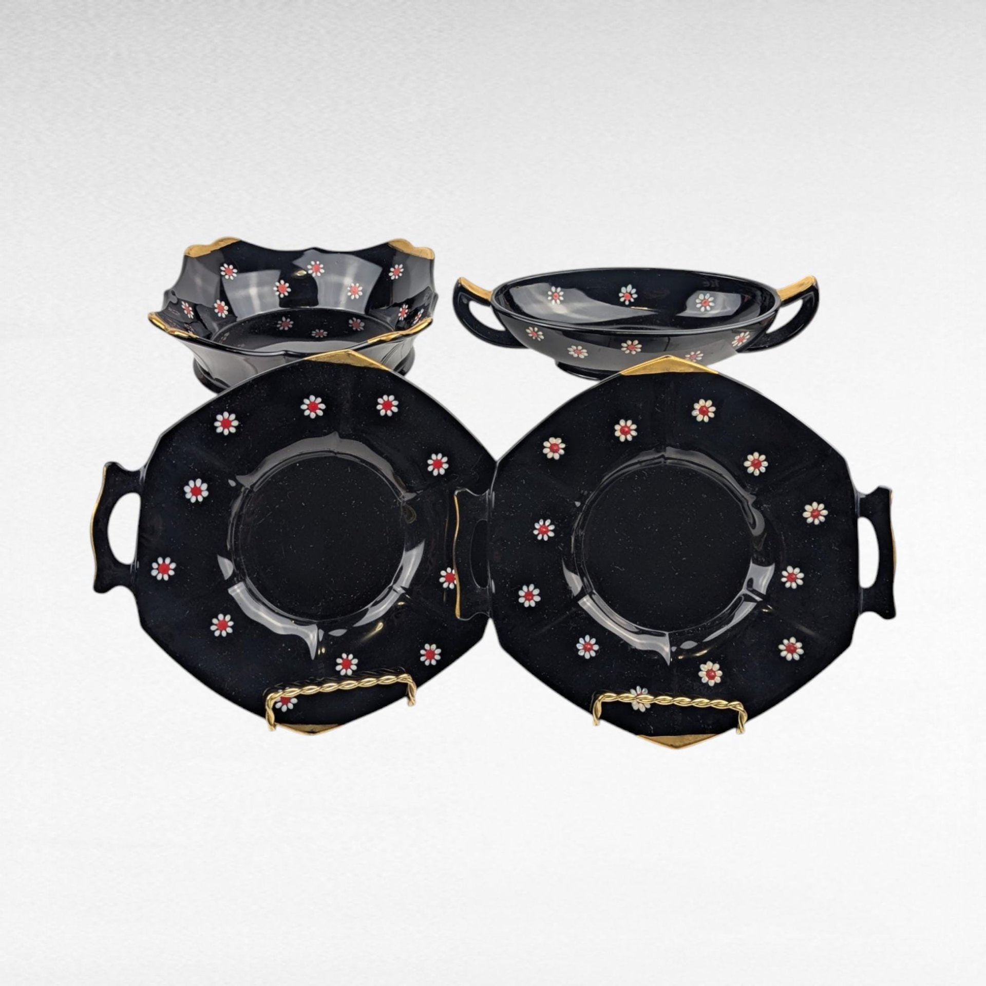 Vintage Imperial Glass Black and Gold Bowl Set with Daisy Design, Handled Bowls and Plates, Elegant Tableware, Gift for Hostess, Collector