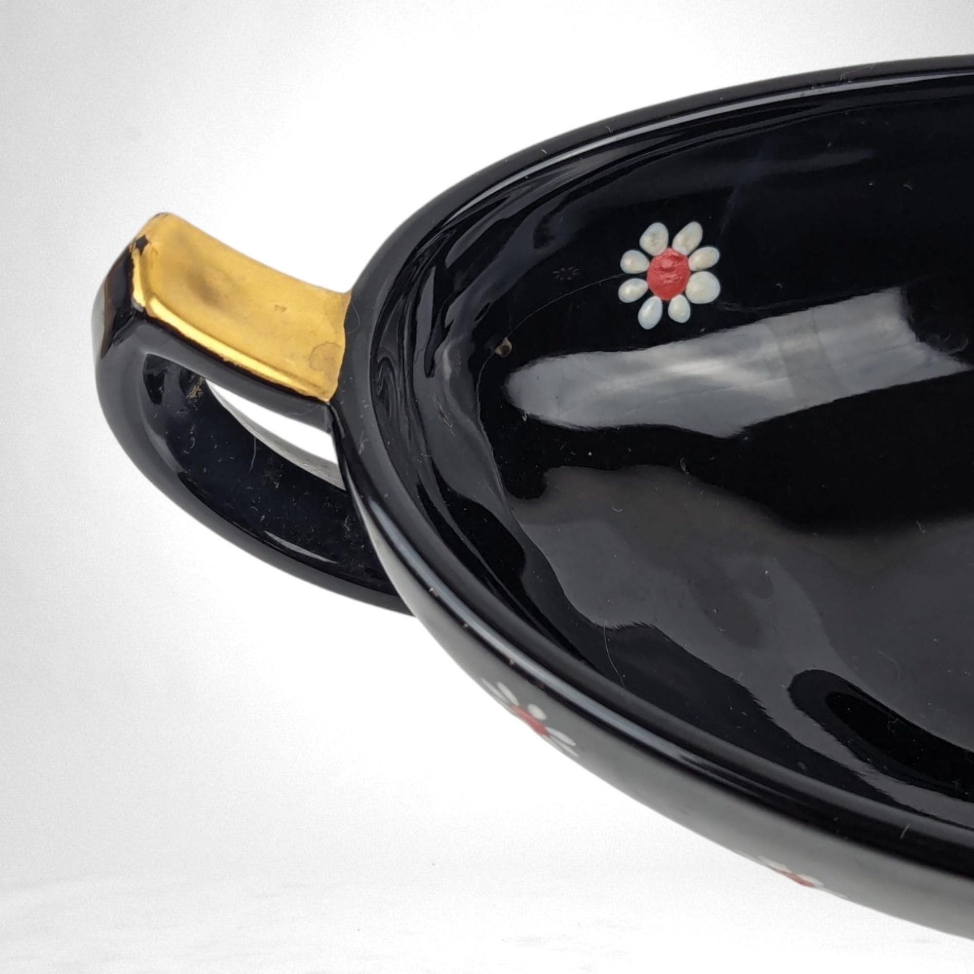 Vintage Imperial Glass Black and Gold Bowl Set with Daisy Design, Handled Bowls and Plates, Elegant Tableware, Gift for Hostess, Collector
