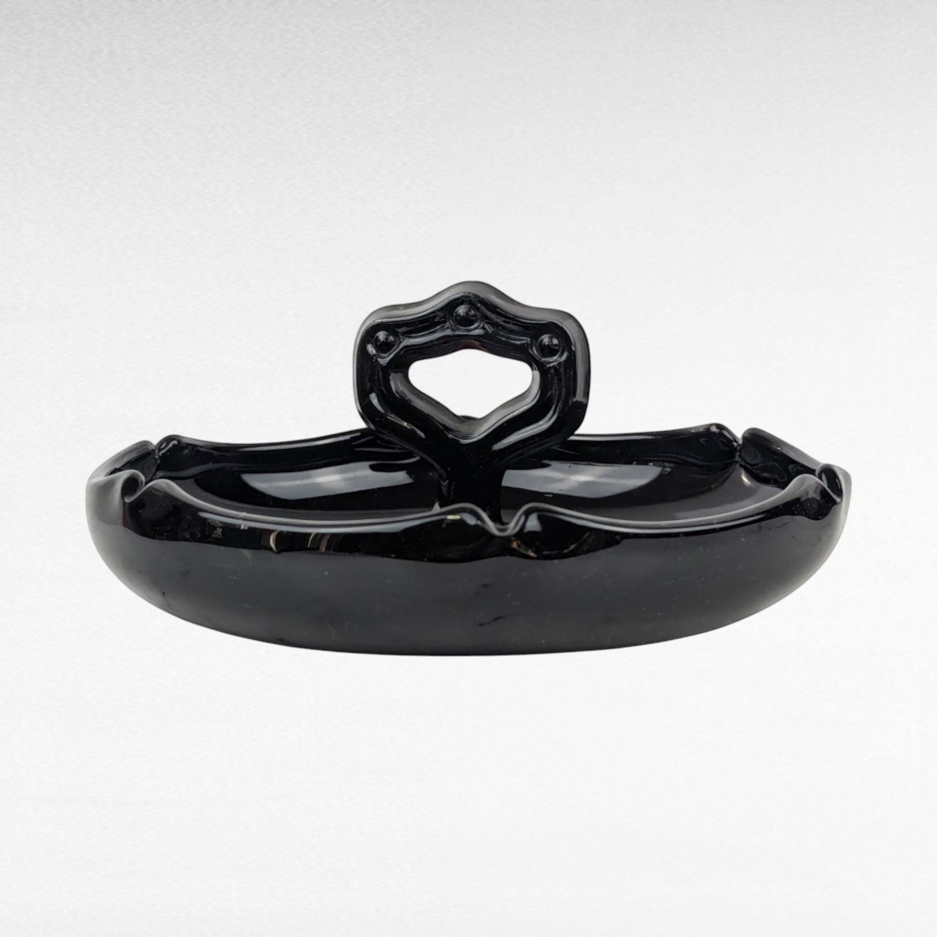 Vintage Black Glass Trinket Dish with Handle | Art Deco Dish | Vanity Tray | Candy Dish | Centerpiece Dish