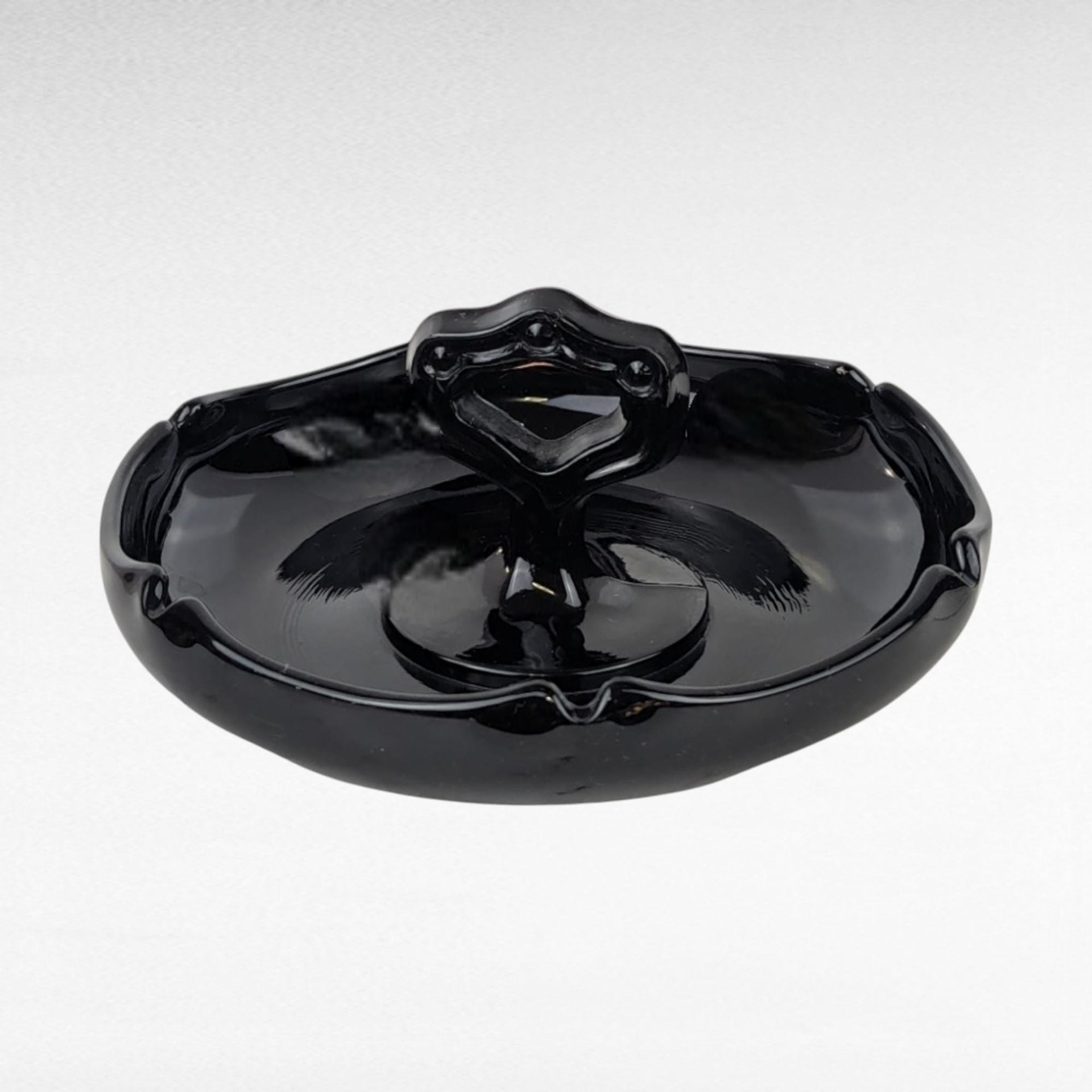 Vintage Black Glass Trinket Dish with Handle | Art Deco Dish | Vanity Tray | Candy Dish | Centerpiece Dish