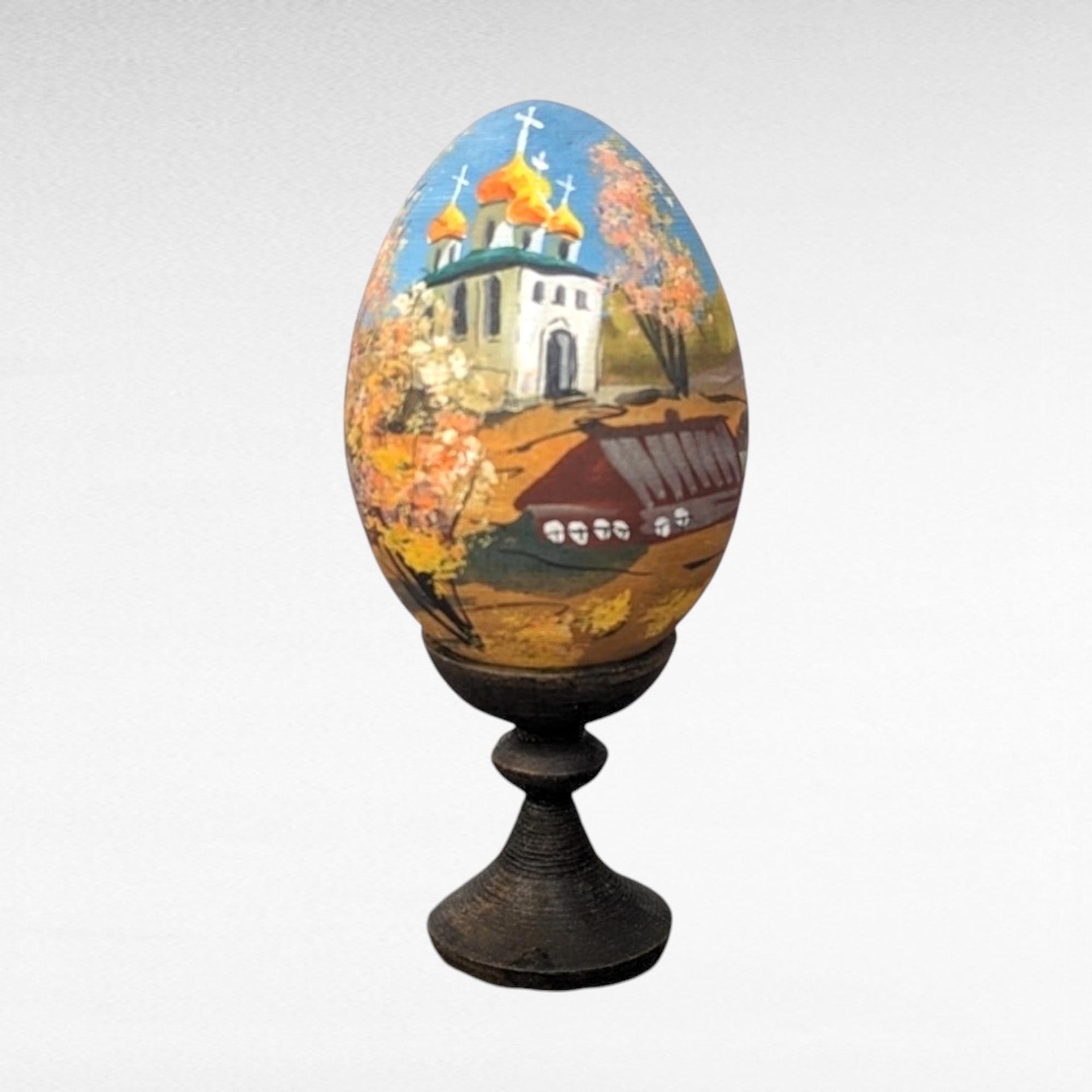 Vintage Hand-Painted Wooden Easter Eggs, Russian Folk Art Decor, Farmhouse, Church Scene, Gift for Collector