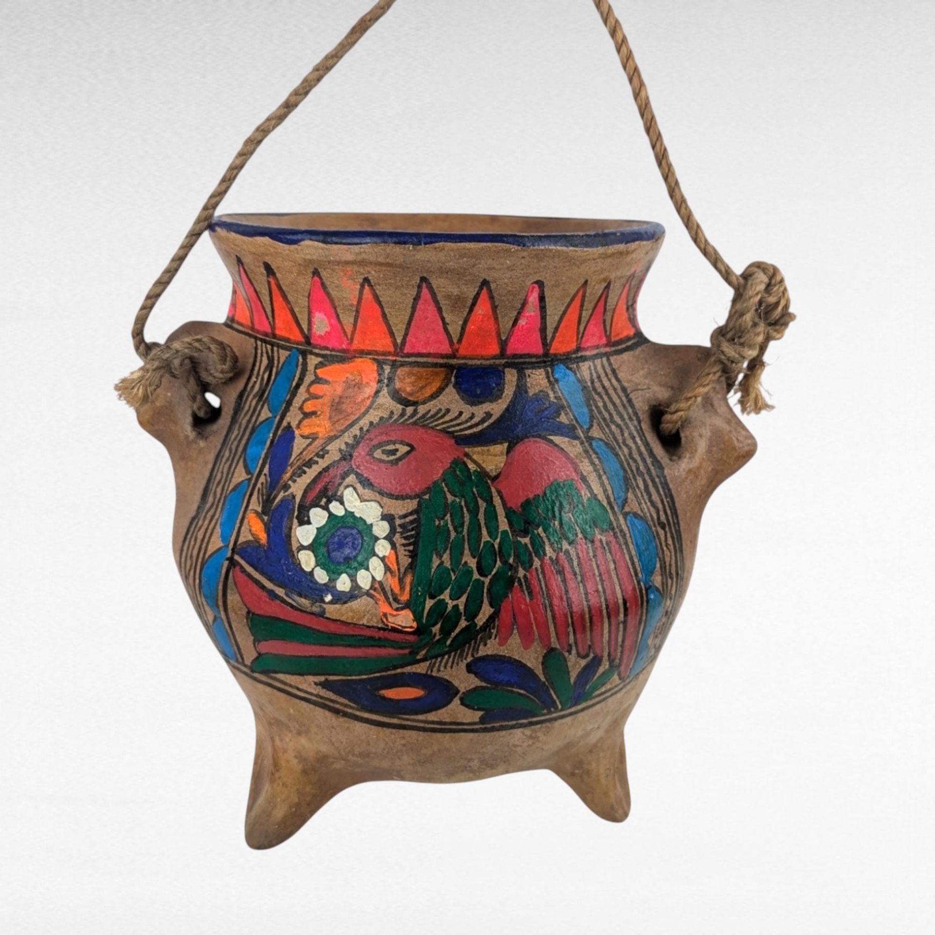 Vintage Handpainted Terracotta Bowl, 6.5" Hanging Planter, Folk Art Pottery, Boho Decor, Gift for Plant Lover, Housewarming Present