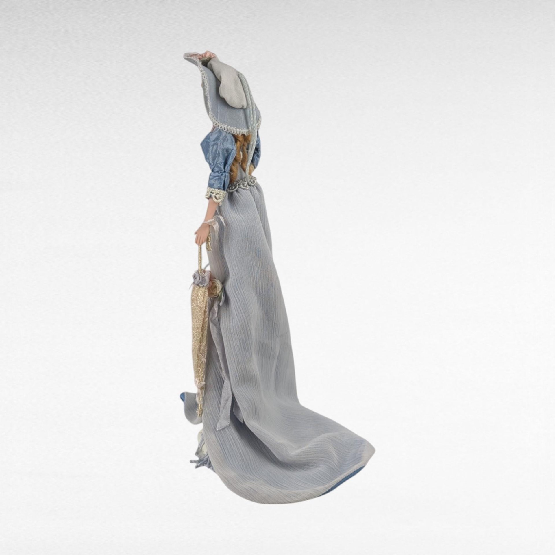 Vintage Porcelain Victorian Tassel Doll, Blue Dress, Umbrella, Hat, Display Doll, Dresser Doll, Gift for Doll Collector