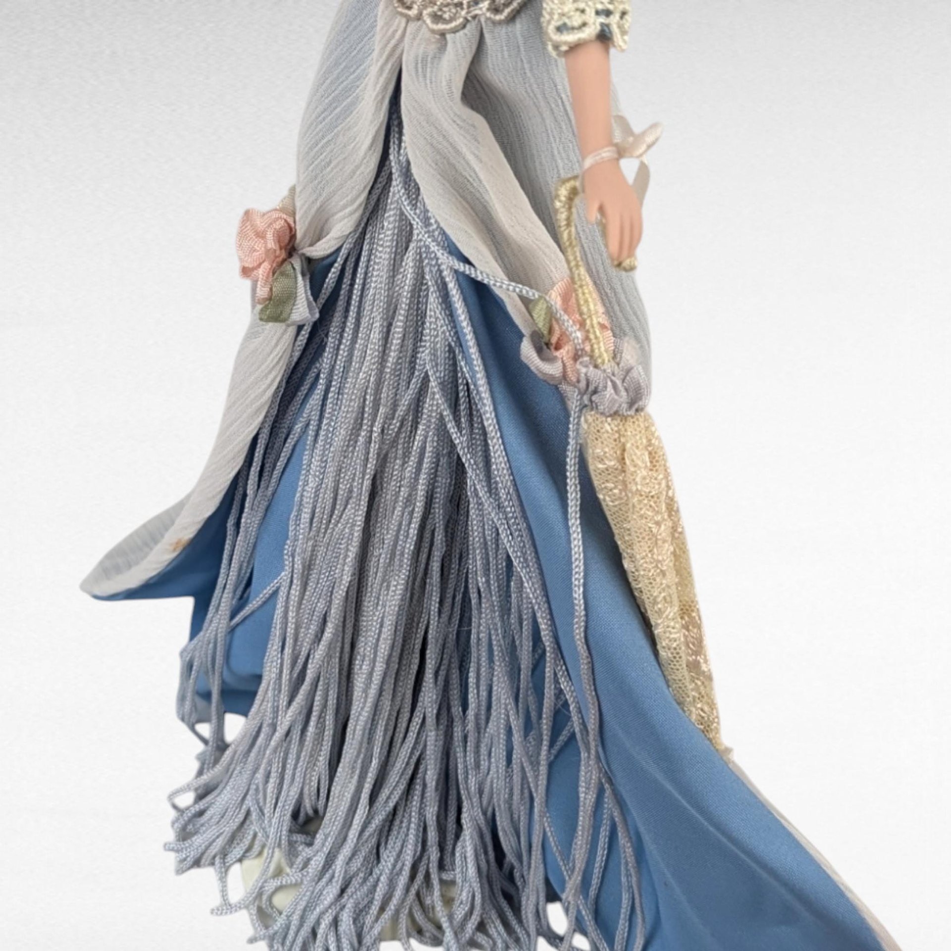 Vintage Porcelain Victorian Tassel Doll, Blue Dress, Umbrella, Hat, Display Doll, Dresser Doll, Gift for Doll Collector