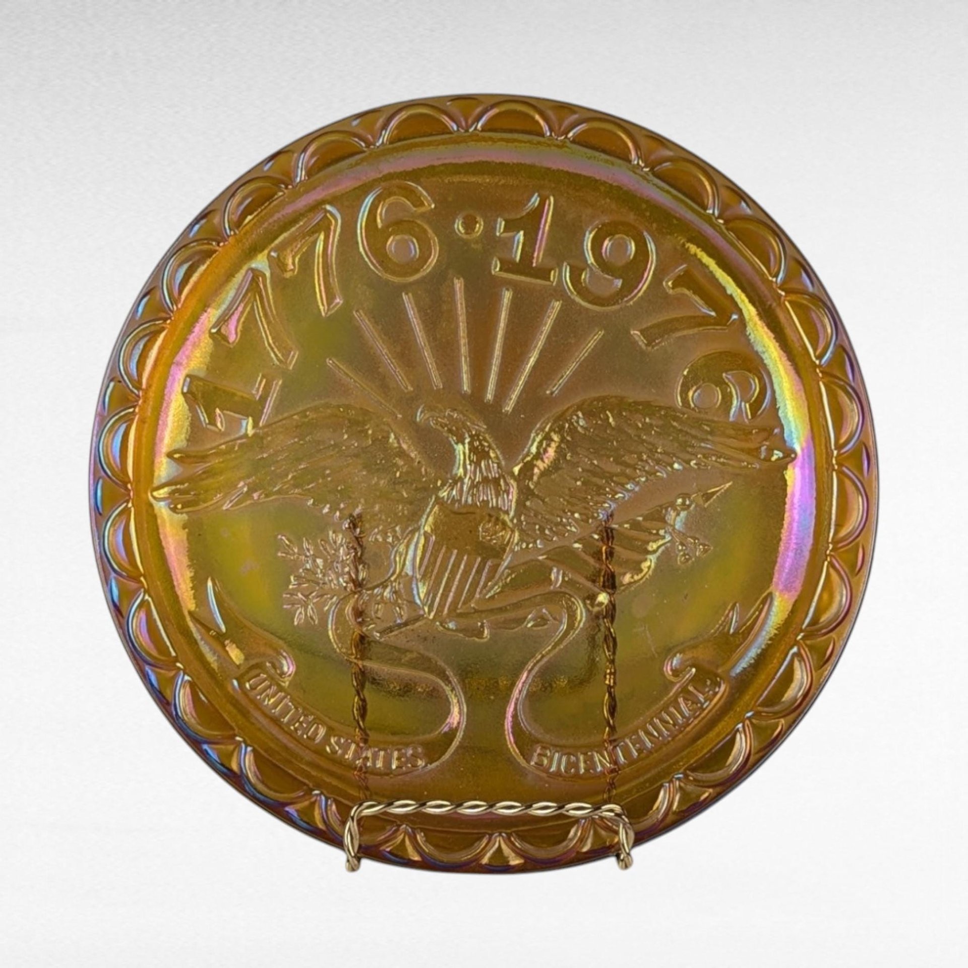 Vintage Indiana Glass Carnival Plate, US Centennial, American Eagle, Iridescent Glass, Collectible Plate, Patriotic Decor