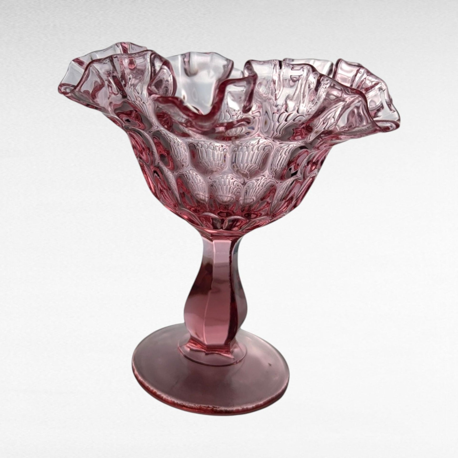 Vintage Fenton Cranberry Thumbprint Ruffled Candy Dish, Glass Compote, Pedestal Dish, Collectible Glassware, Home Decor, Centerpiece