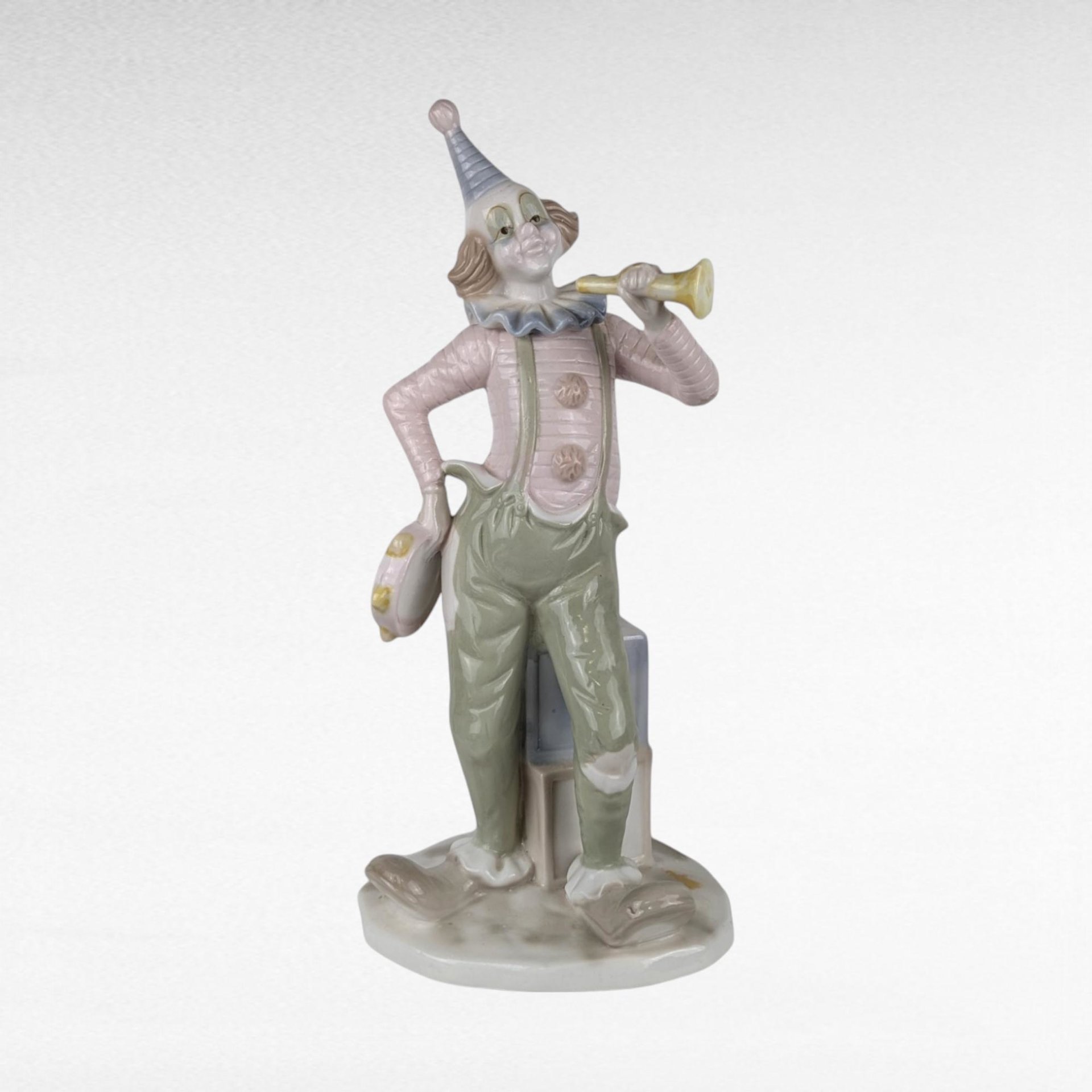 Vintage Porcelain 12 Inch Clown Figurine, Clown with Horn and Tambourine, Collectible Clown, Circus Decor, Gift for Clown Collector