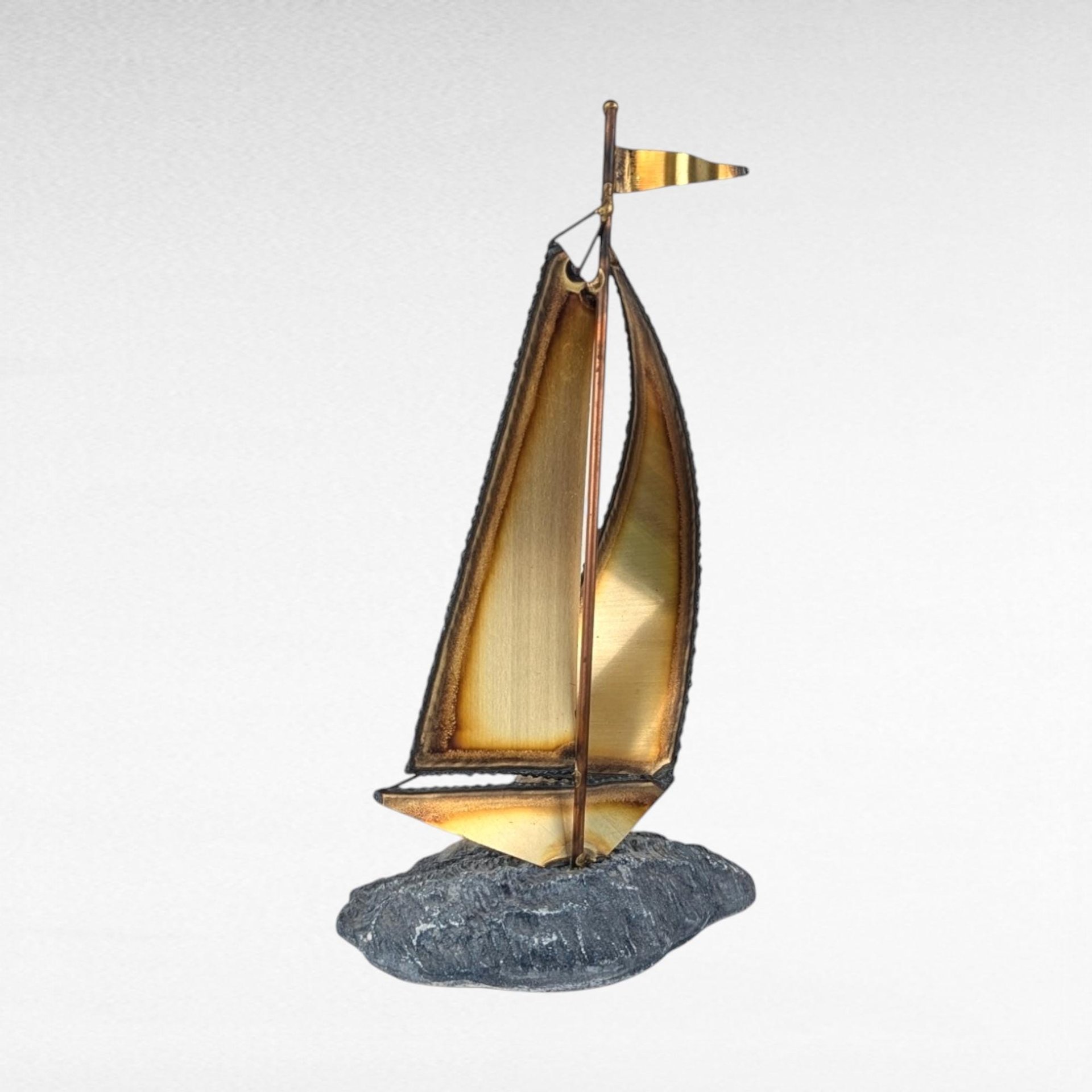 Vintage Signed Brass Sailboat Sculpture, Nautical Decor, Metal Sailboat, Collectible Figurine, Maritime Art, Home Decor, Unique Gift