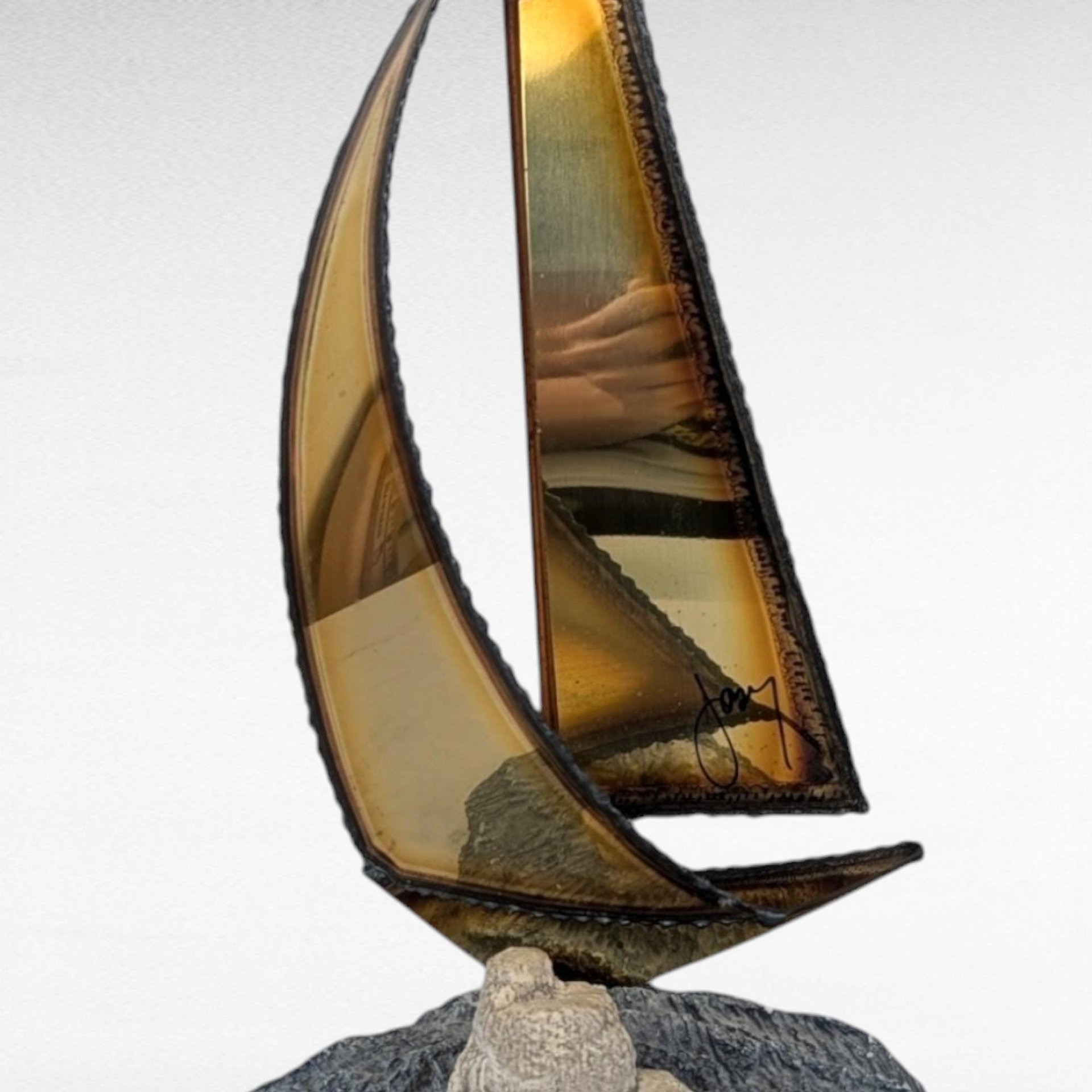 Vintage Signed Brass Sailboat Sculpture, Nautical Decor, Metal Sailboat, Collectible Figurine, Maritime Art, Home Decor, Unique Gift