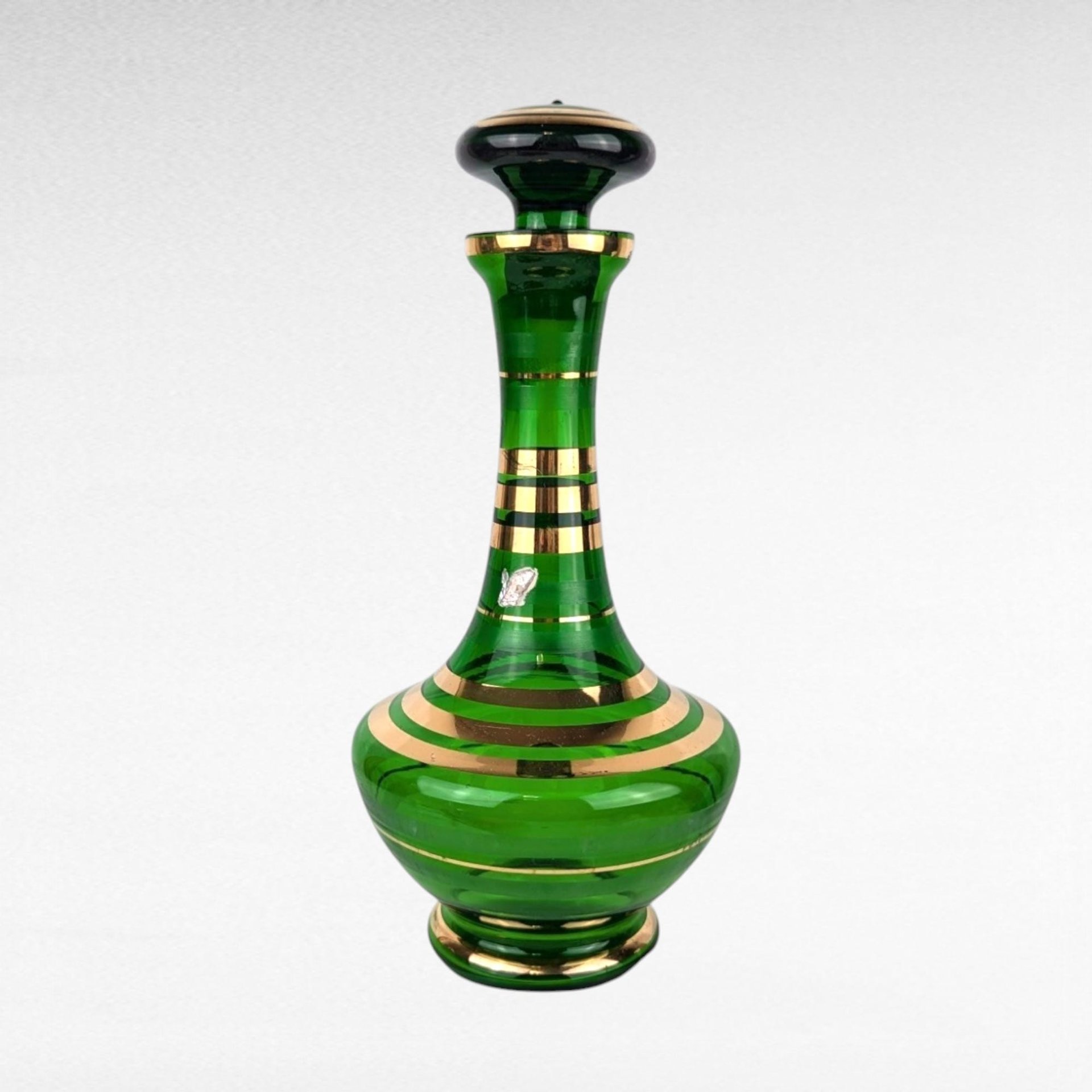 Vintage Borske Sklo Green and Gold Decanter, Bohemian Glass, Czech Glass, Liquor Decanter,  Barware, Mid-Century Modern, Home Decor