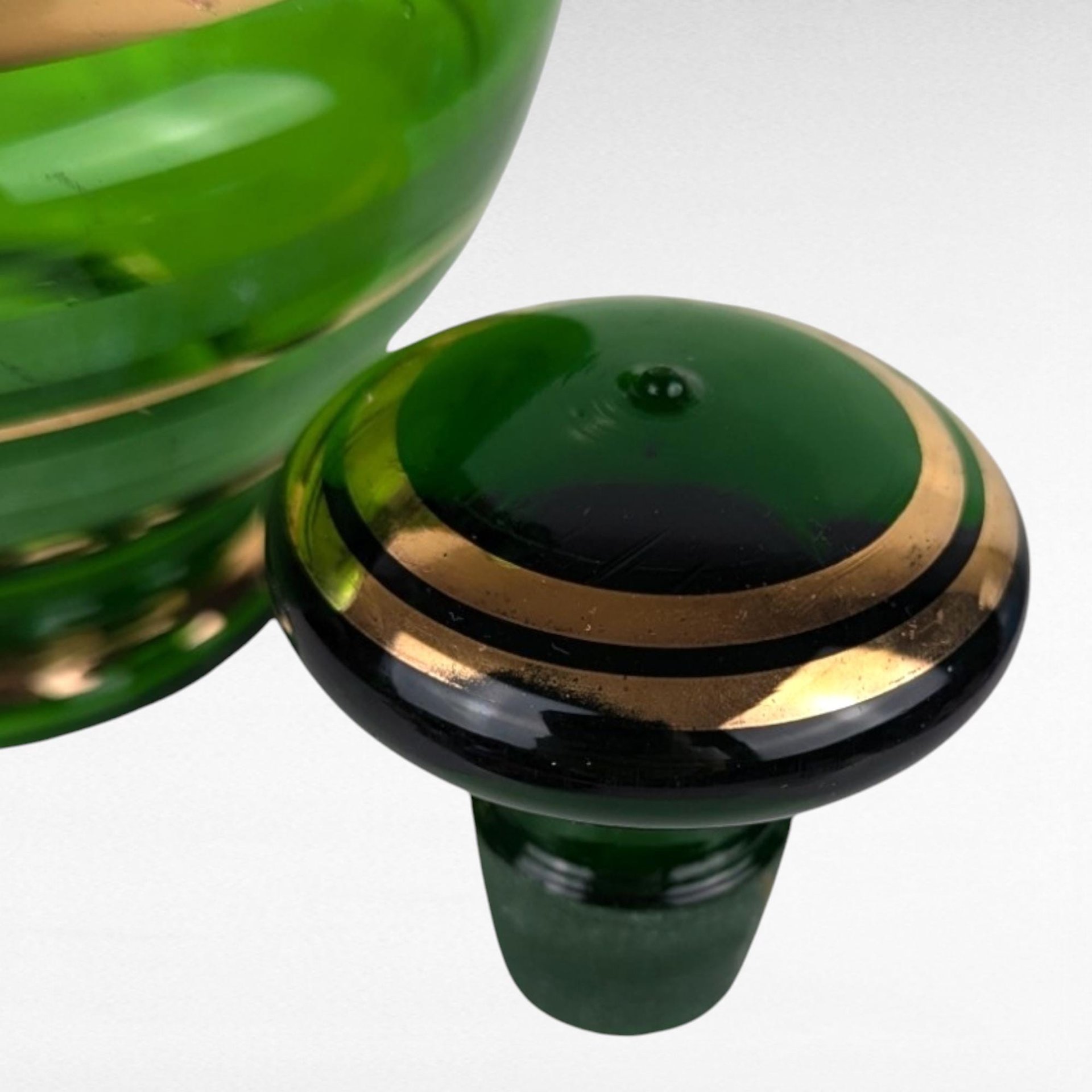 Vintage Borske Sklo Green and Gold Decanter, Bohemian Glass, Czech Glass, Liquor Decanter,  Barware, Mid-Century Modern, Home Decor