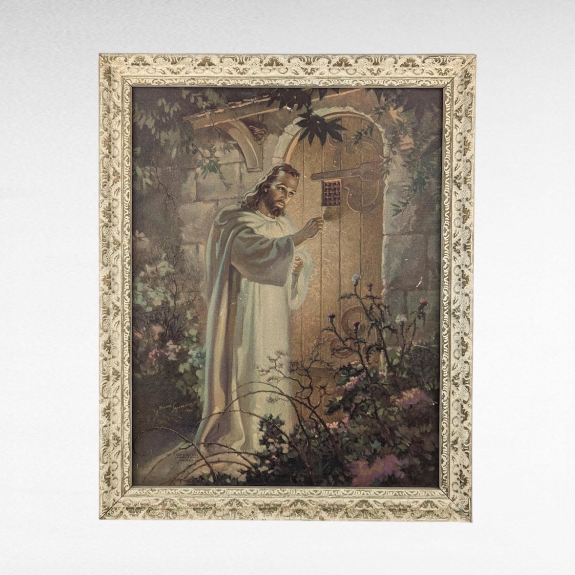 Imperfect 1942 Sallman "Christ Knocking at the Door" Lithograph, Vintage Religious Art, Framed Print, Gift for Pastor, Christian Home Decor