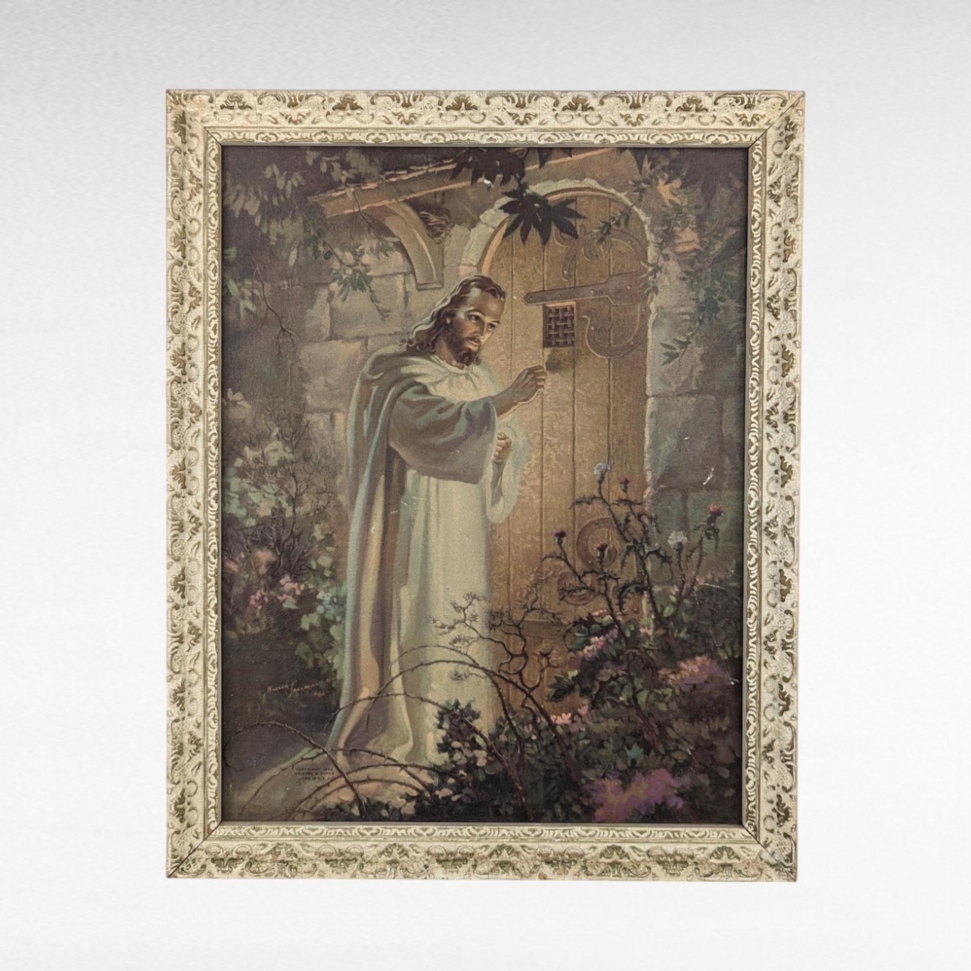 Imperfect 1942 Sallman "Christ Knocking at the Door" Lithograph, Vintage Religious Art, Framed Print, Gift for Pastor, Christian Home Decor