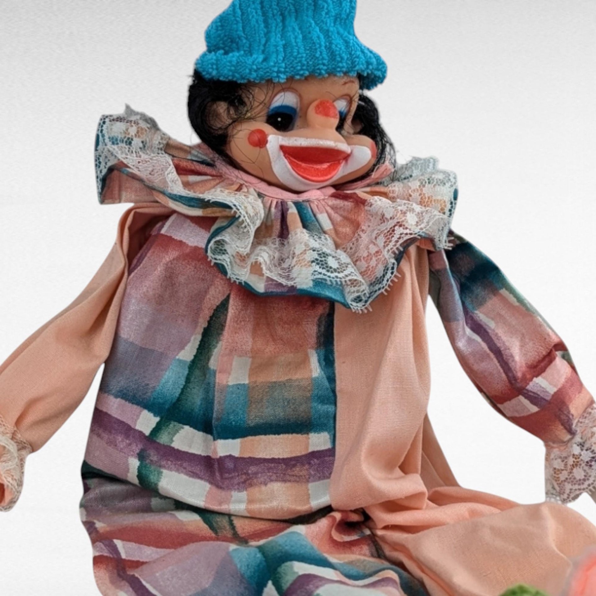 Vintage Handmade Wood Block Clown Doll, Plaid and Pink Outfit, Collectible Toy, Unique Gift