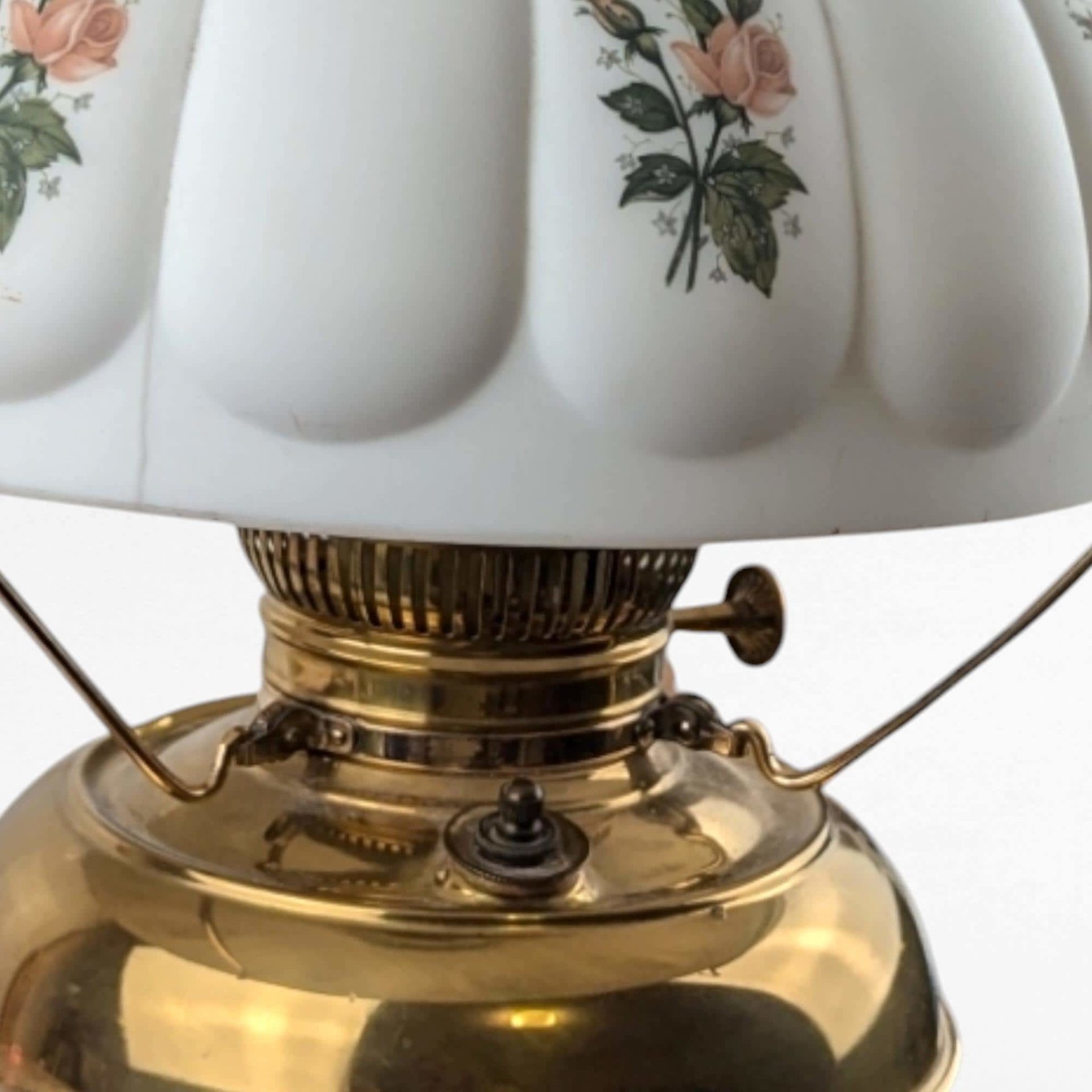 Antique Brass Hurricane Lamp, 21" Electric Lamp, Converted Oil Lamp, Vintage Home Decor, Victorian Lighting, Floral Shade