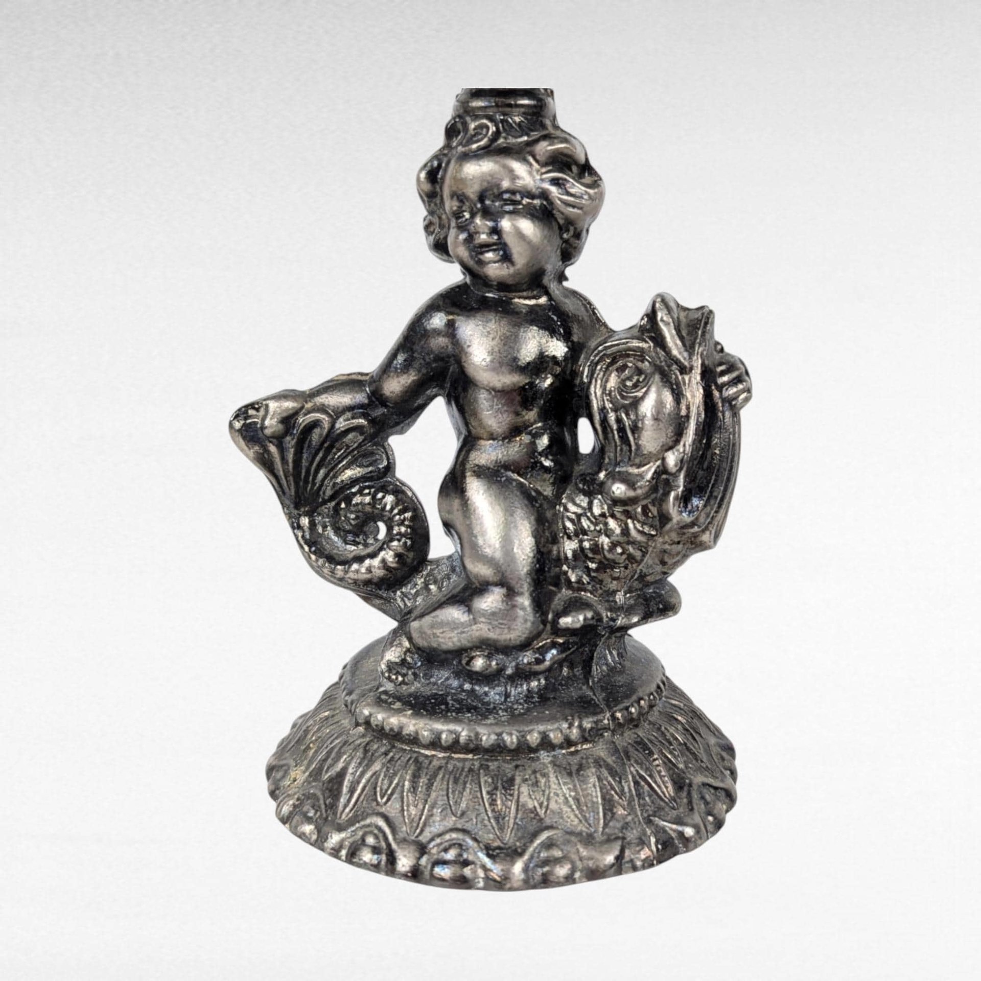 Vintage Cast Pewter Pedestal Dish, Cherub and Koi Fish, Glass Candy Dish, Trinket Dish, Unique Home Decor