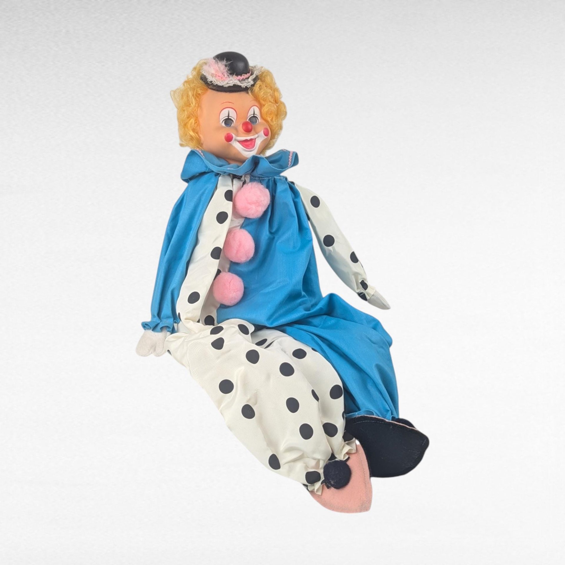 Vintage Handmade Clown Shelf Sitter, Polka Dot Clown Doll, Whimsical Decor, Collectible Clown, Unique Gift