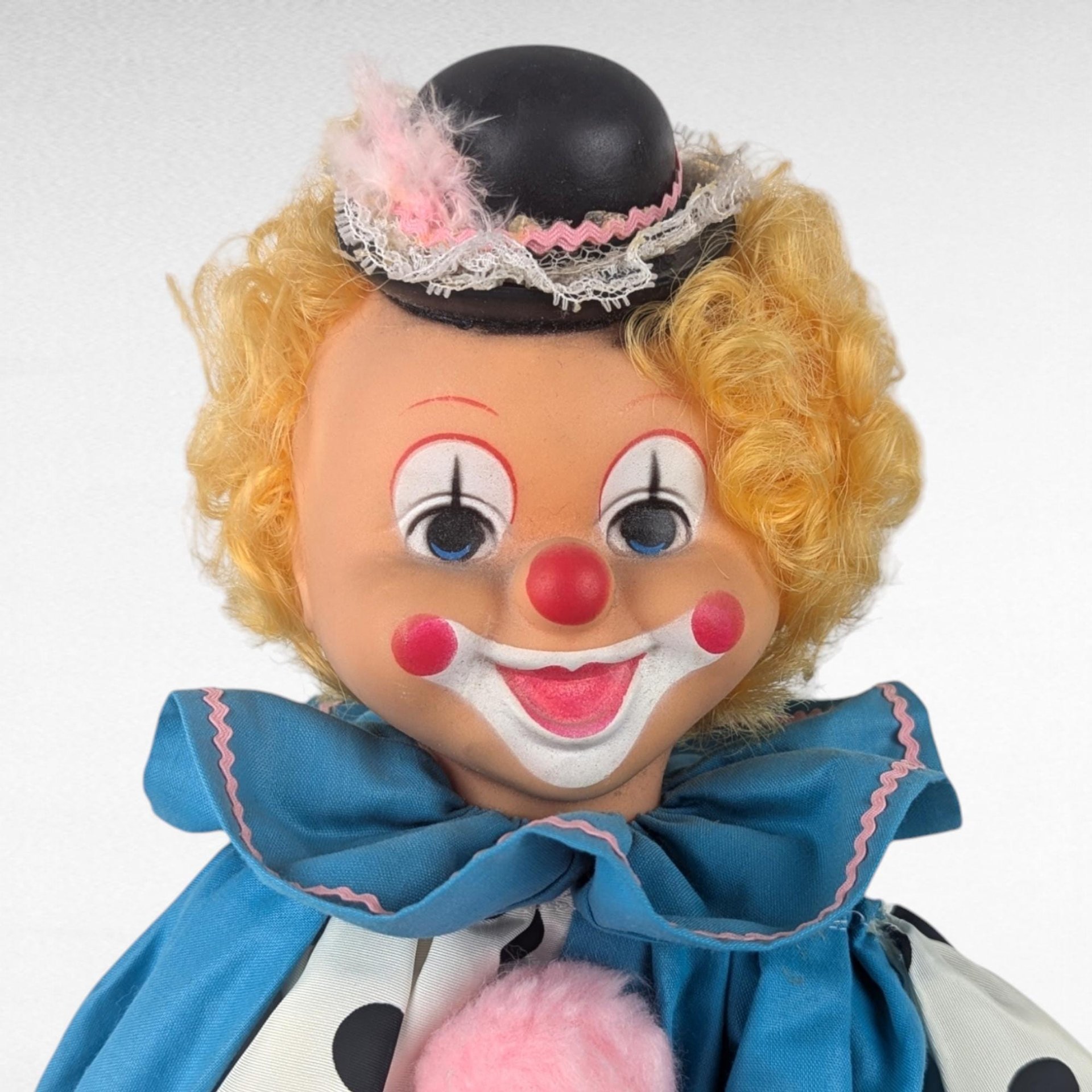 Vintage Handmade Clown Shelf Sitter, Polka Dot Clown Doll, Whimsical Decor, Collectible Clown, Unique Gift