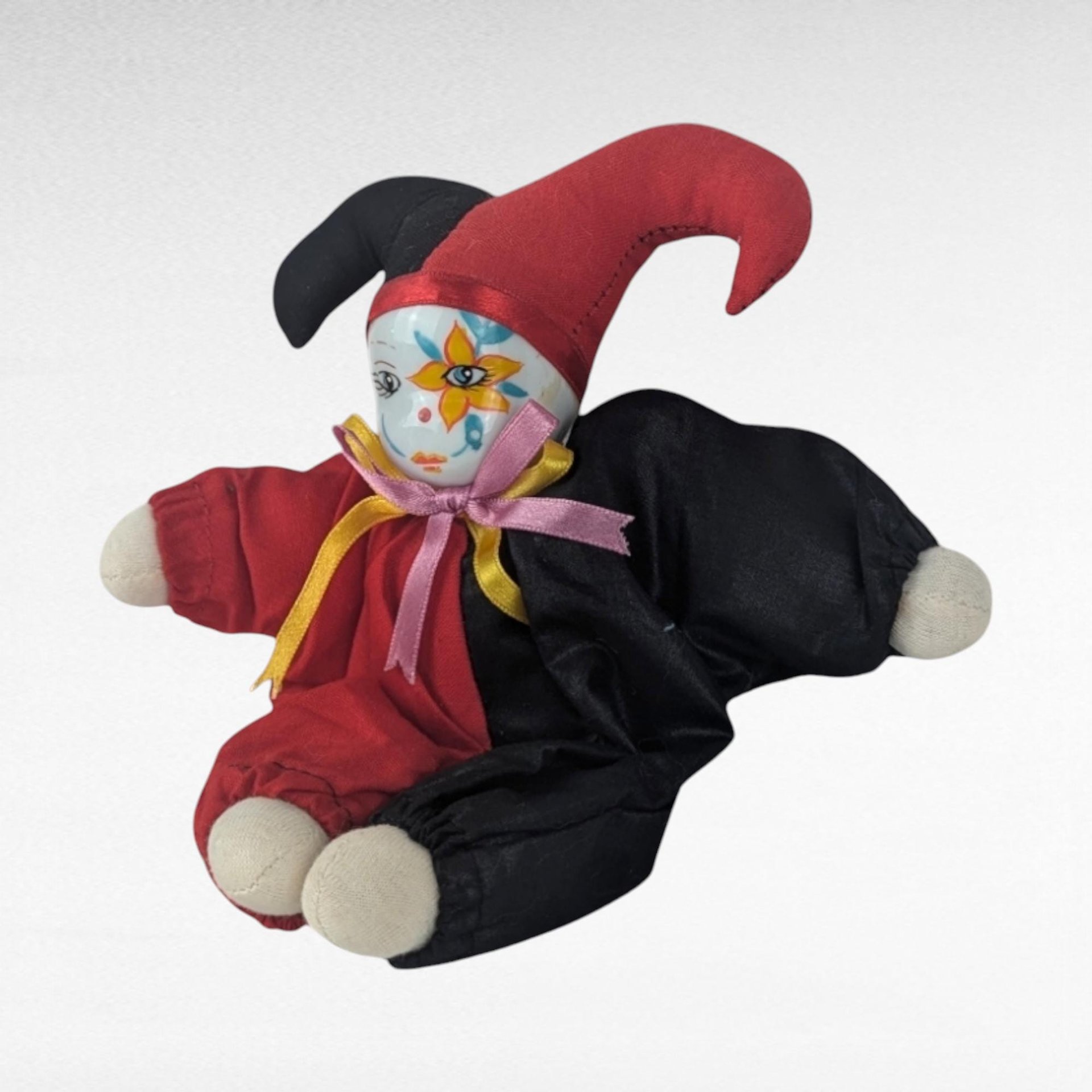 Vintage Jester Doll, Small Clown Doll with Flower, Whimsical Doll, Collectible Doll, Unique Gift