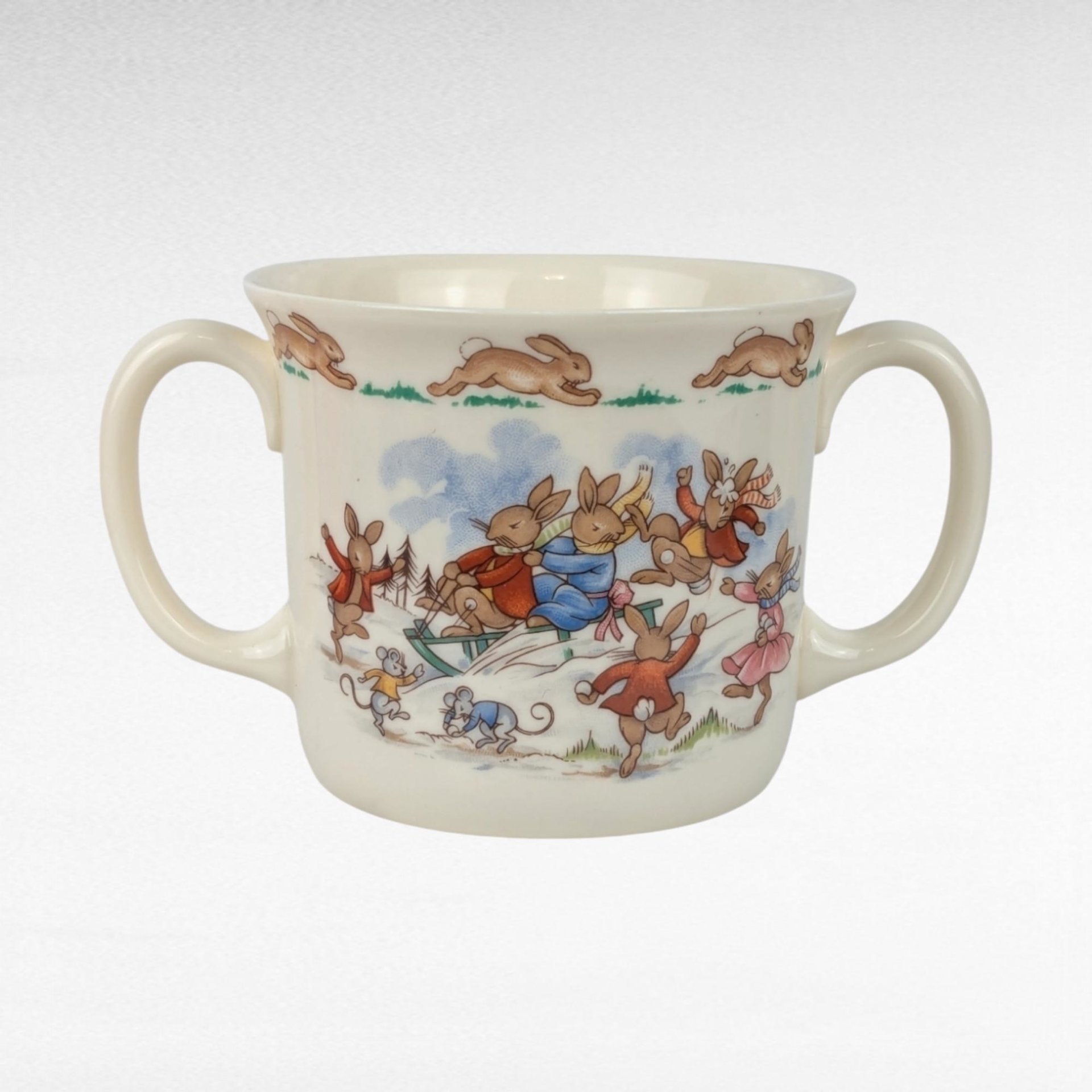 Vintage Royal Doulton Bunnykins Sledding Two Handled Mug, Children's Gift, Collectible Bunnykins Mug, Christening Gift, Nursery Decor