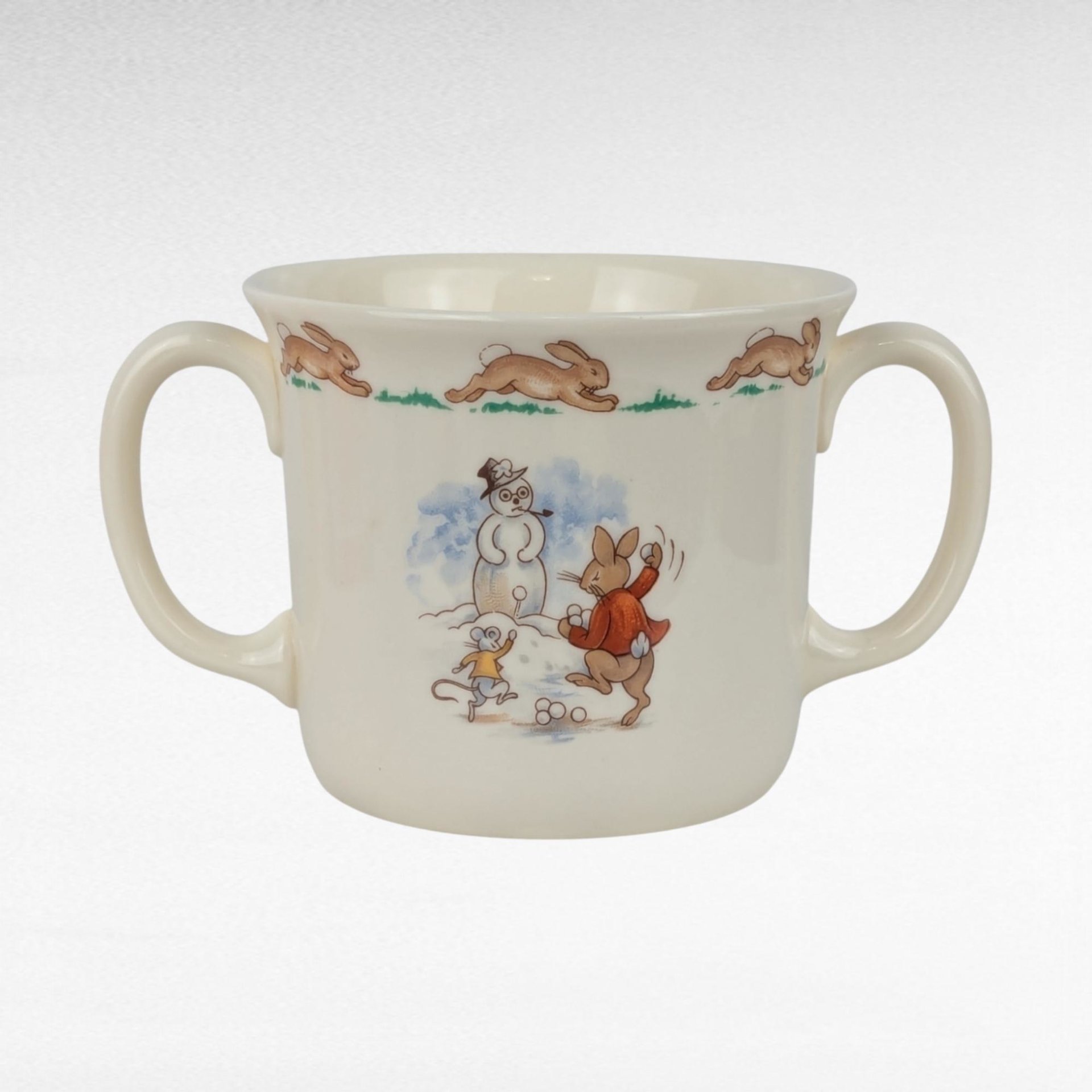 Vintage Royal Doulton Bunnykins Sledding Two Handled Mug, Children's Gift, Collectible Bunnykins Mug, Christening Gift, Nursery Decor