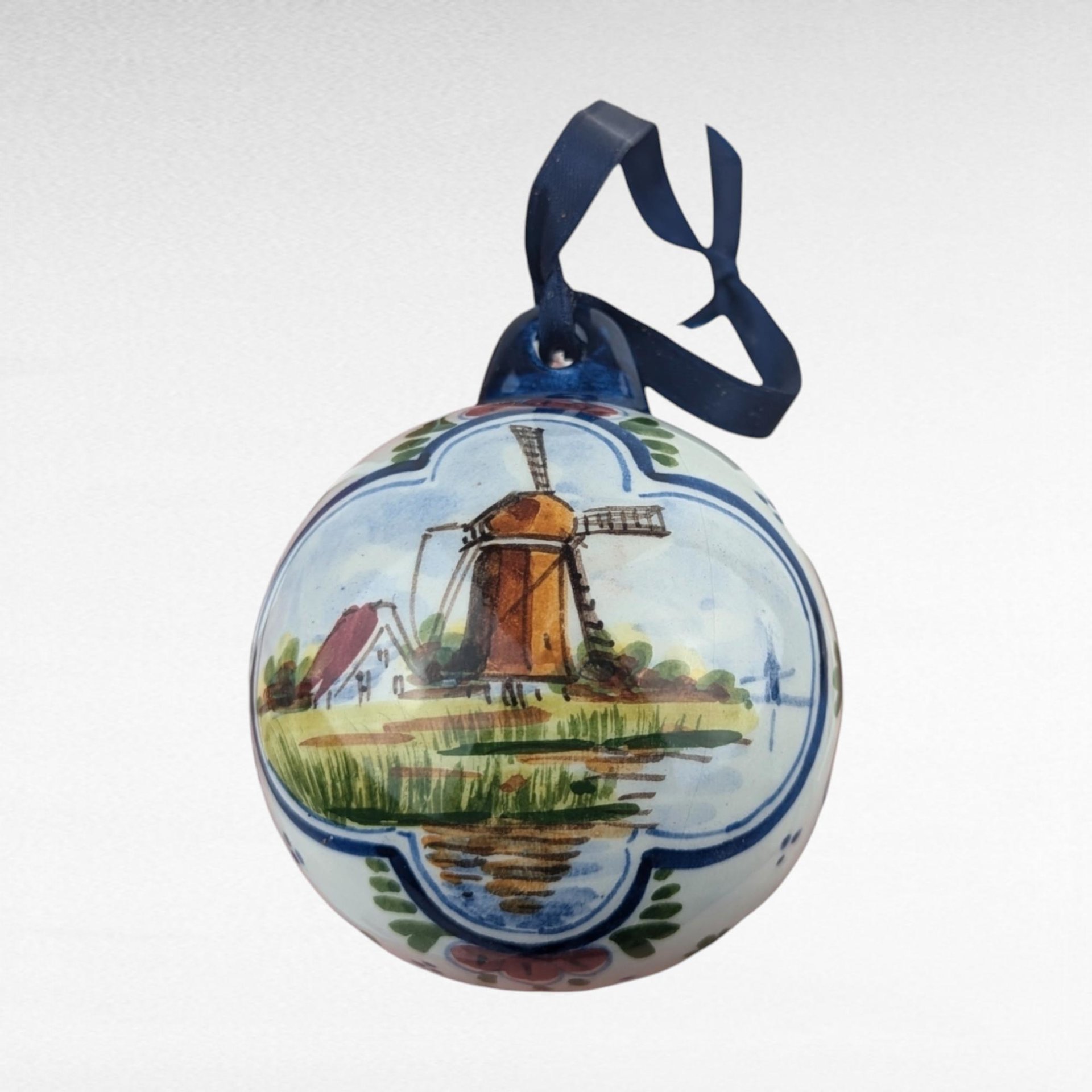 Vintage Ceramic Windmill Christmas Ornament | Dutch Windmill | Hand-Painted | Holland | Blue and White