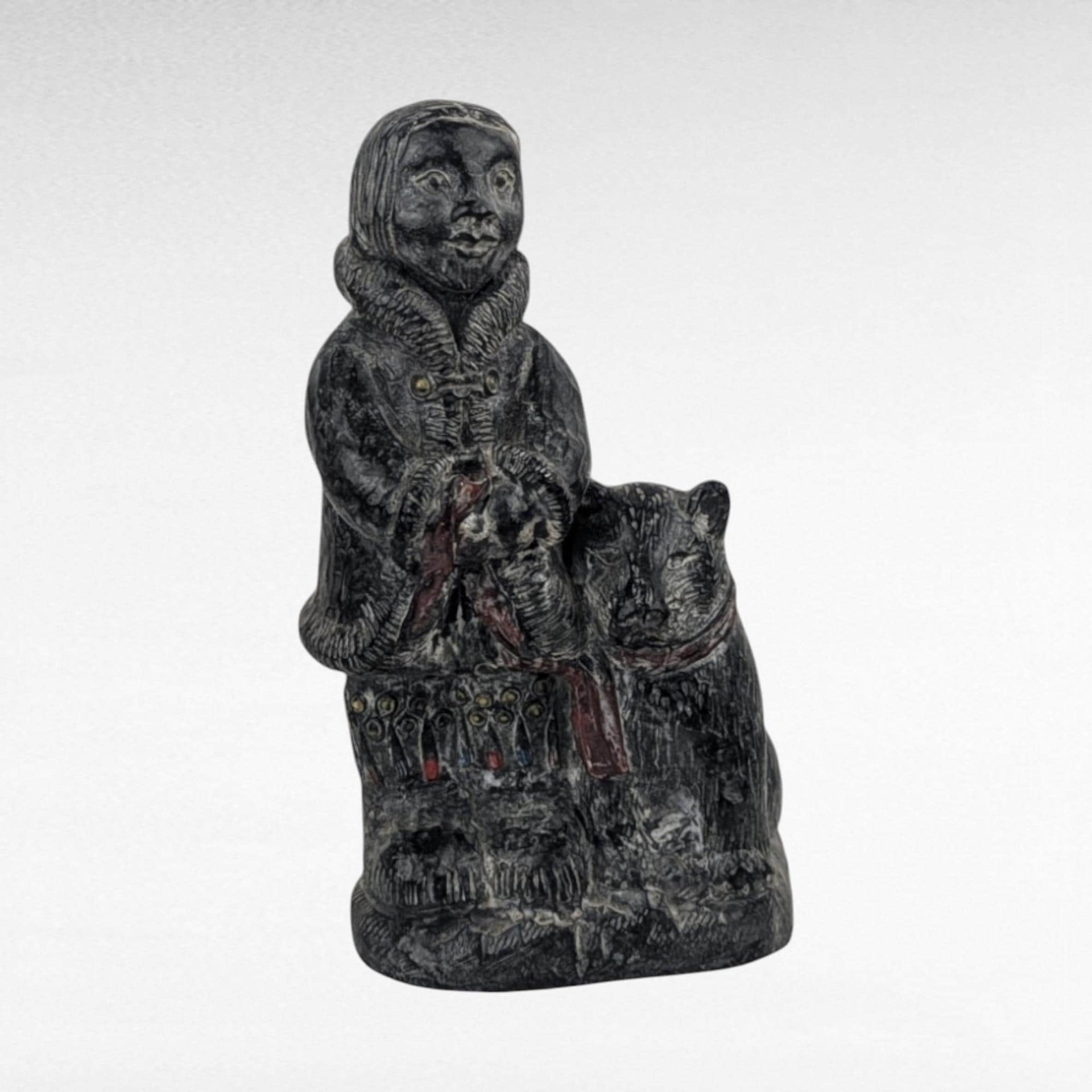 Vintage Original Wolf Stone and Marble Sculpture | Inuit Art | Eskimo with Dog | Hand-Carved | Arctic Decor