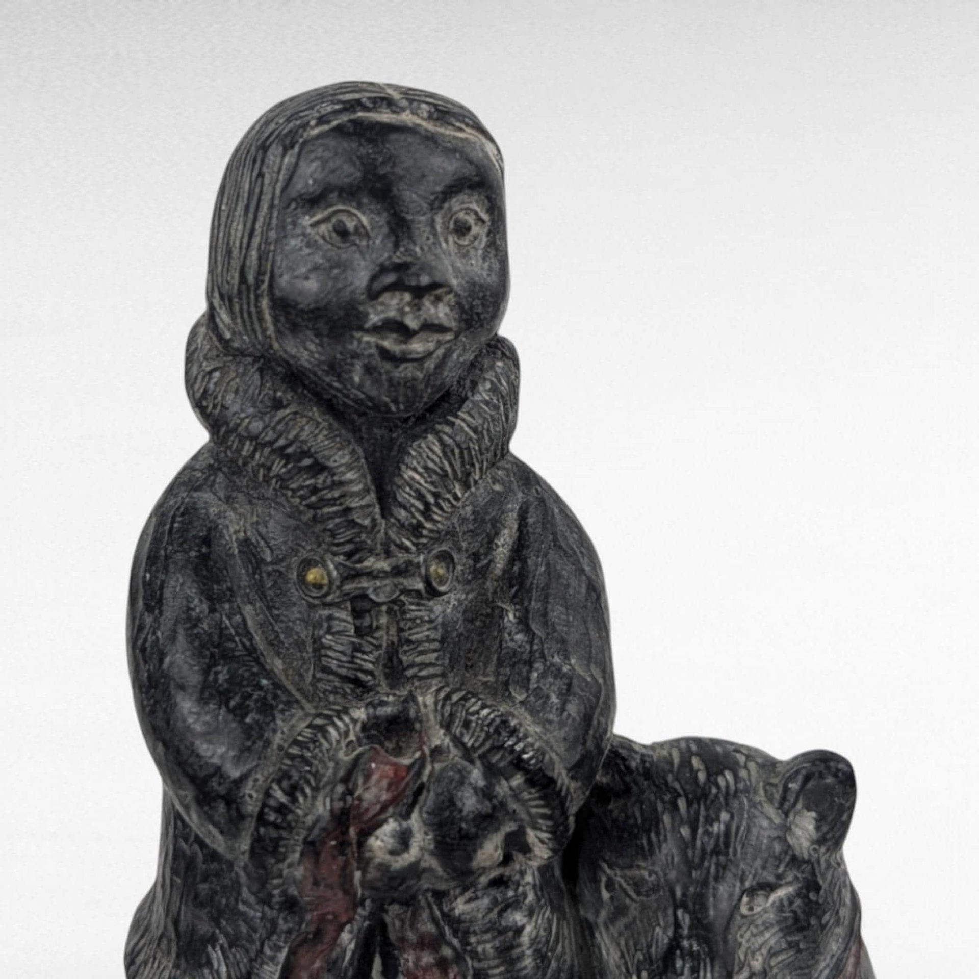 Vintage Original Wolf Stone and Marble Sculpture | Inuit Art | Eskimo with Dog | Hand-Carved | Arctic Decor